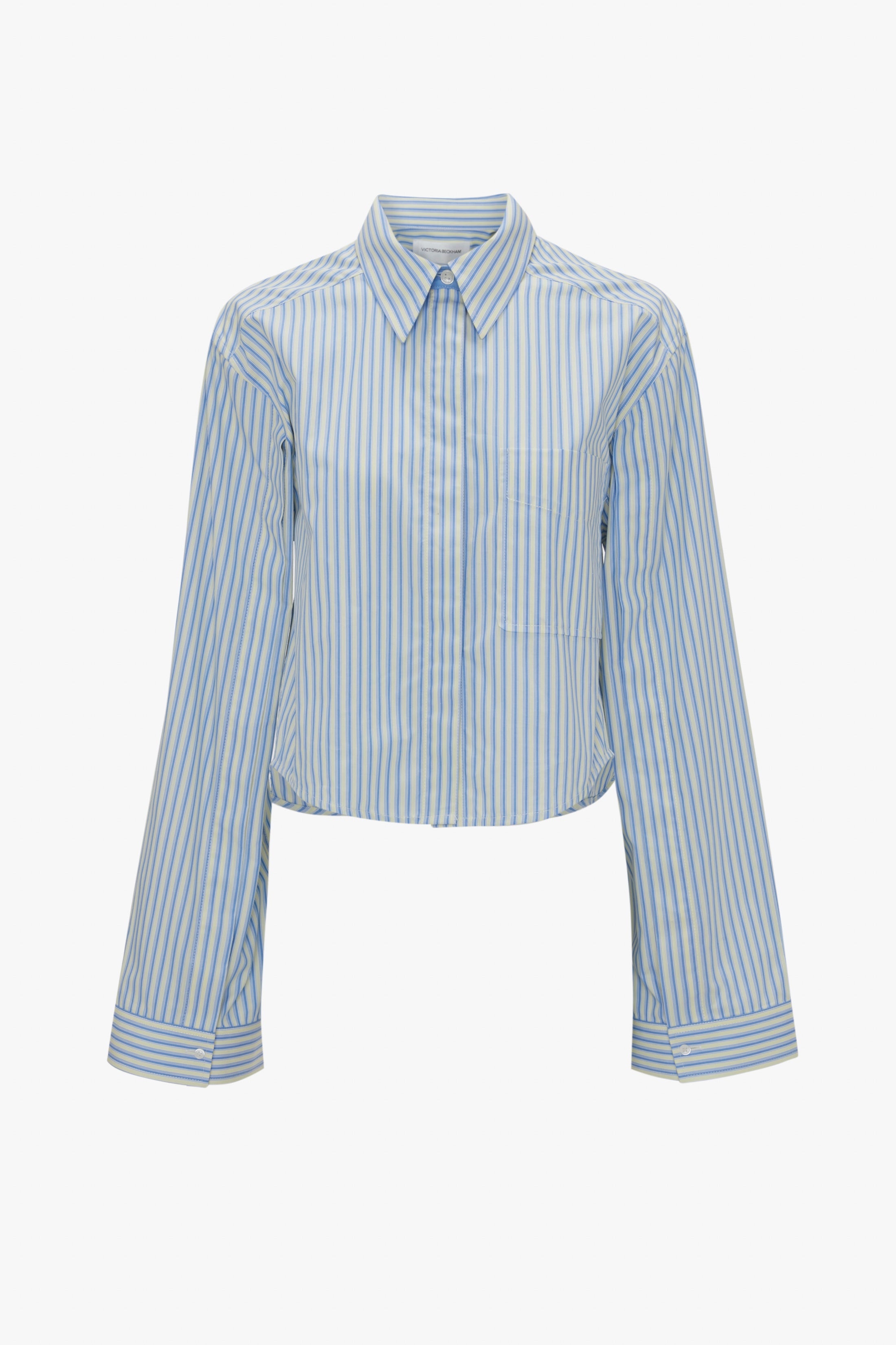 Button Detail Cropped Shirt In Chamomile Blue Stripe - 1