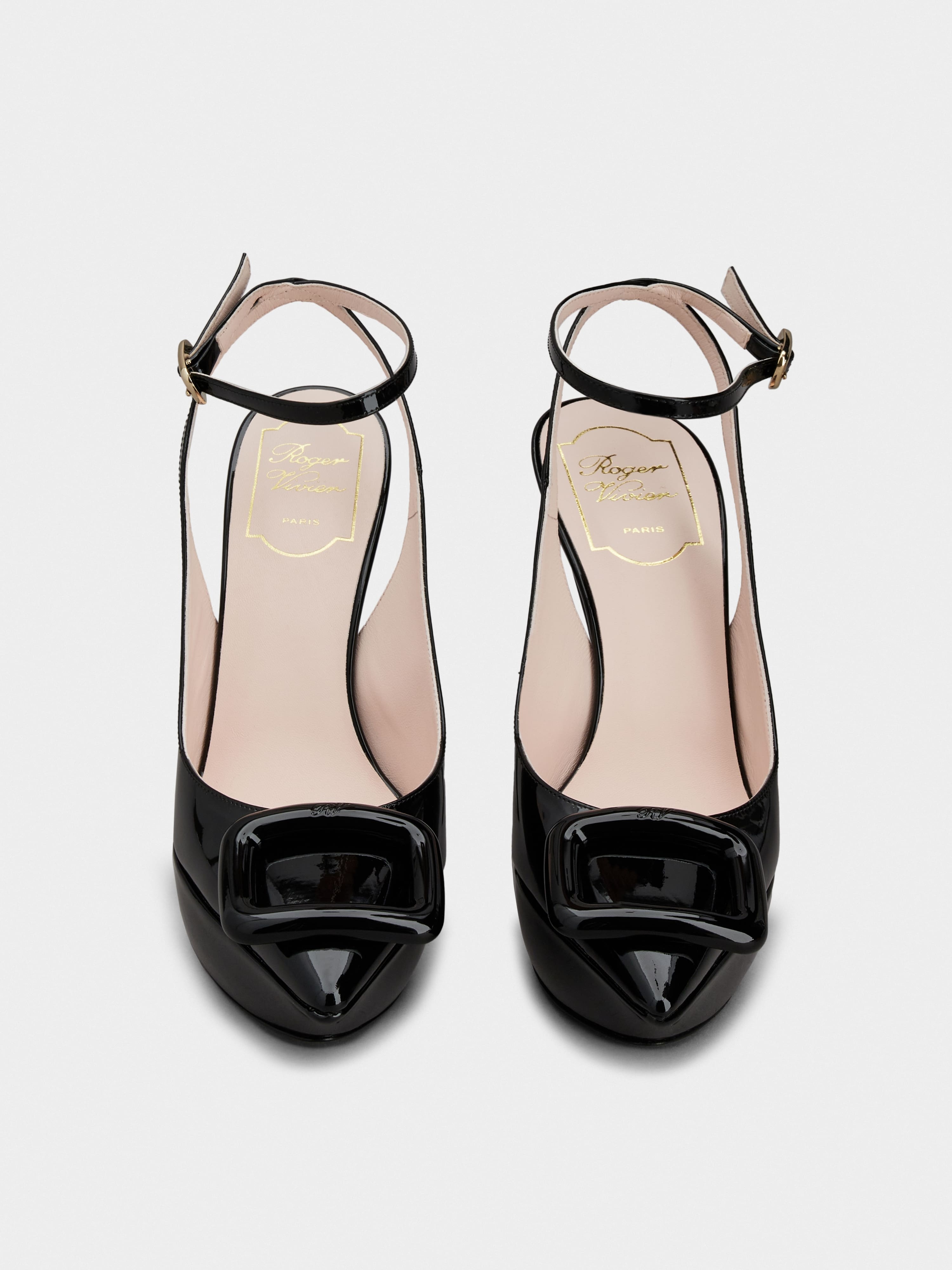 Roger Vivier Viv' Choc Lacquered Buckle Slingback Pumps in