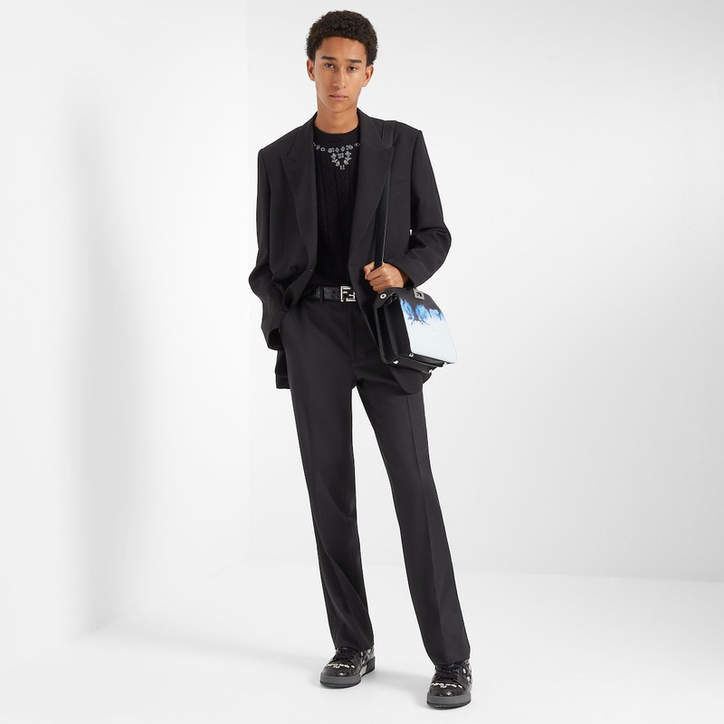 Small Peekaboo ISeeU bag made of black Cuoio Romano leather, printed with Cloud graphics in blue and 7