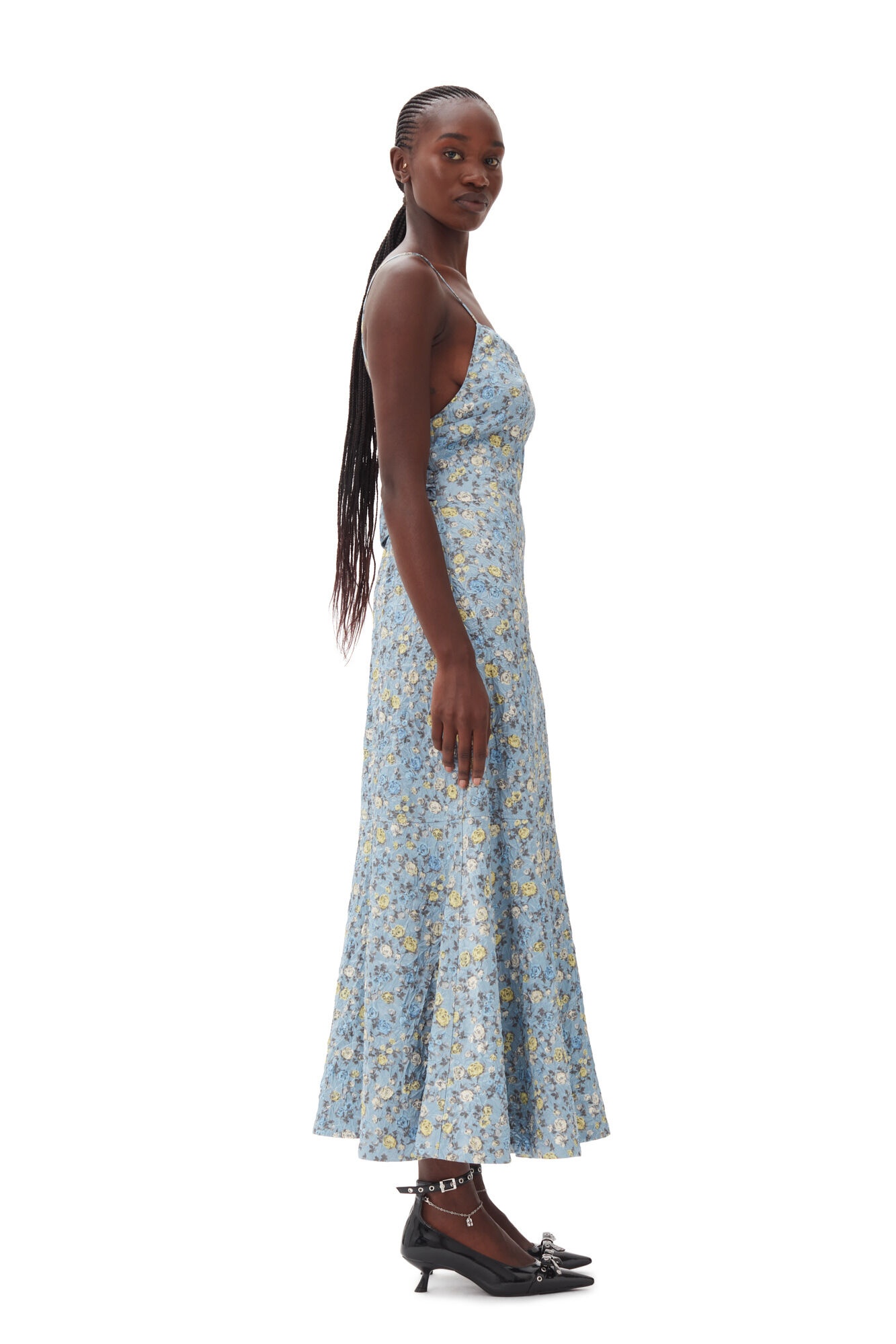 BLUE FLORAL CRINKLED SATIN LONG DRESS - 4