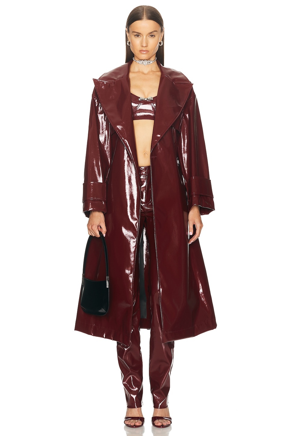 Faux Patent Leather Trench Coat - 1