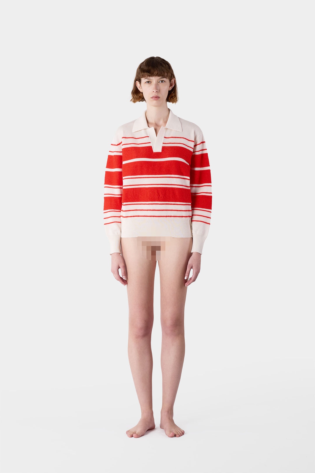 STRIPED KNIT LONSGLEEVE POLO / off white & acid red - 5