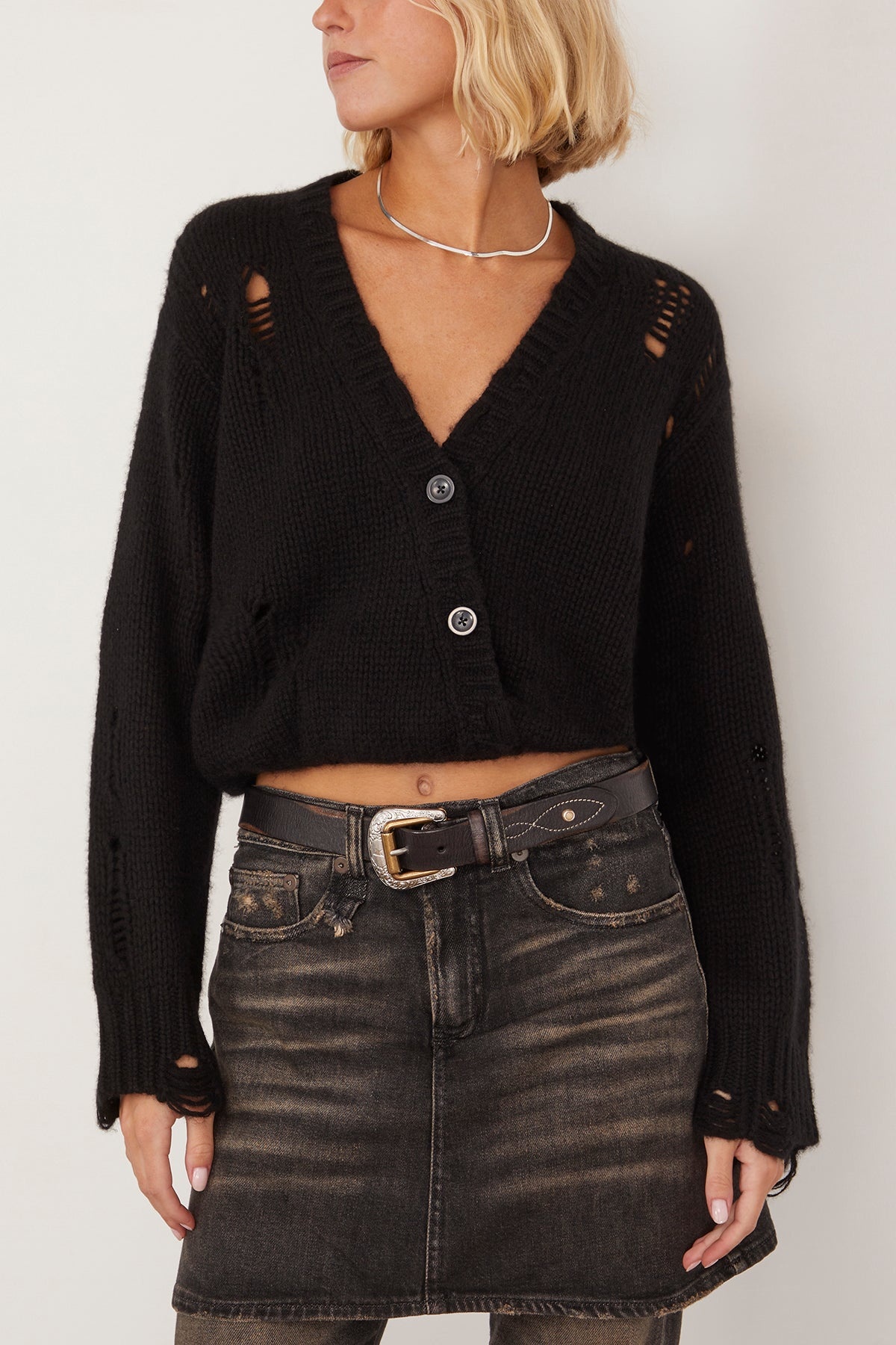 Crossover Distressed Cardigan in Black - 3