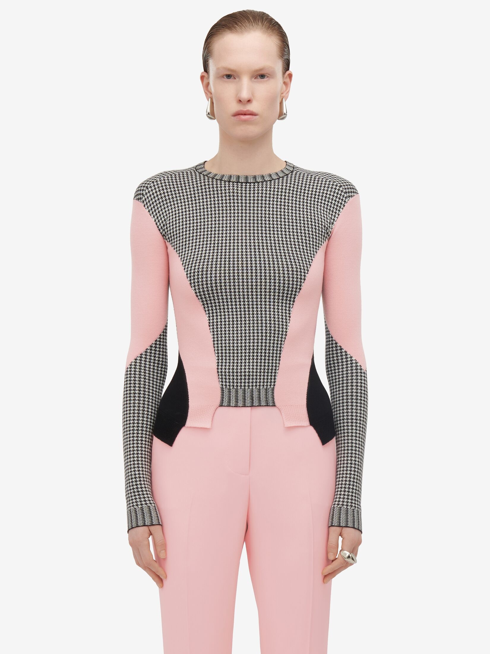 Women's Dogtooth Colour-block Peplum Jumper in Black/white/pink - 5