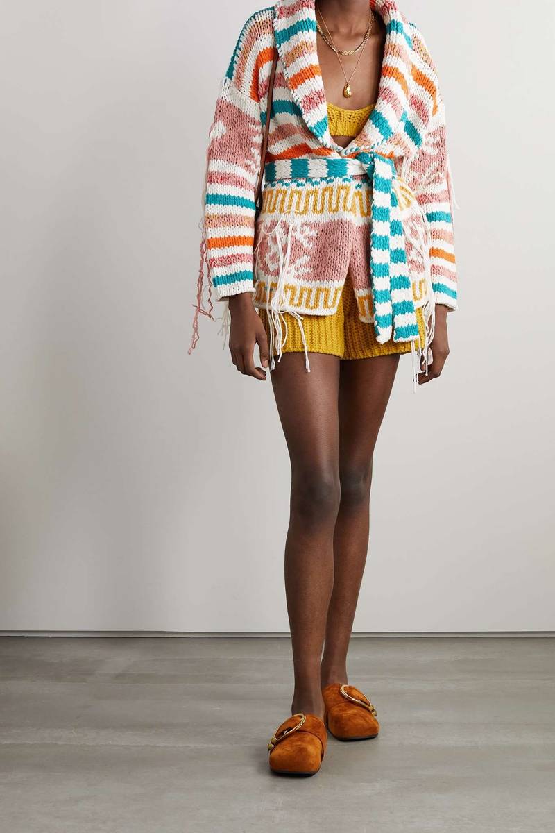 Alanui Ocho Rios belted distressed jacquard-knit cotton-blend cardigan outlook