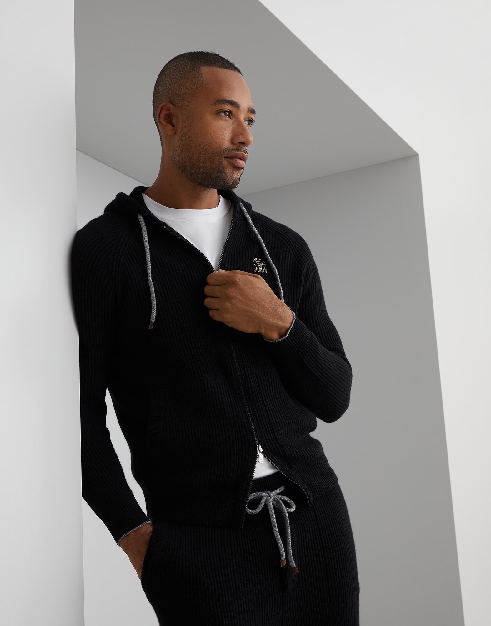 Cashmere English rib knit sweatshirt with hood - 4