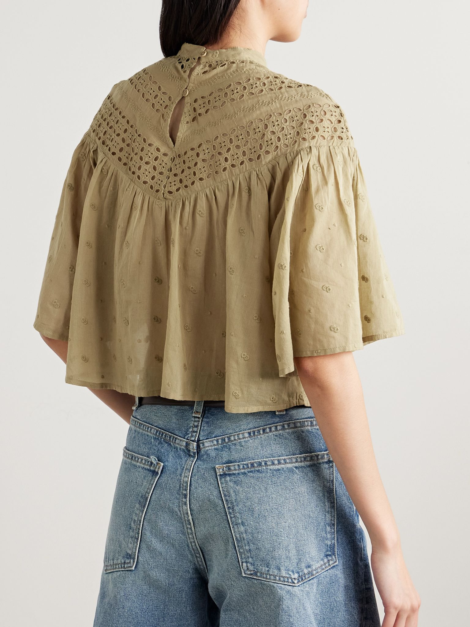 Mikki embroidered broderie anglaise cotton-voile blouse Sage green - 3