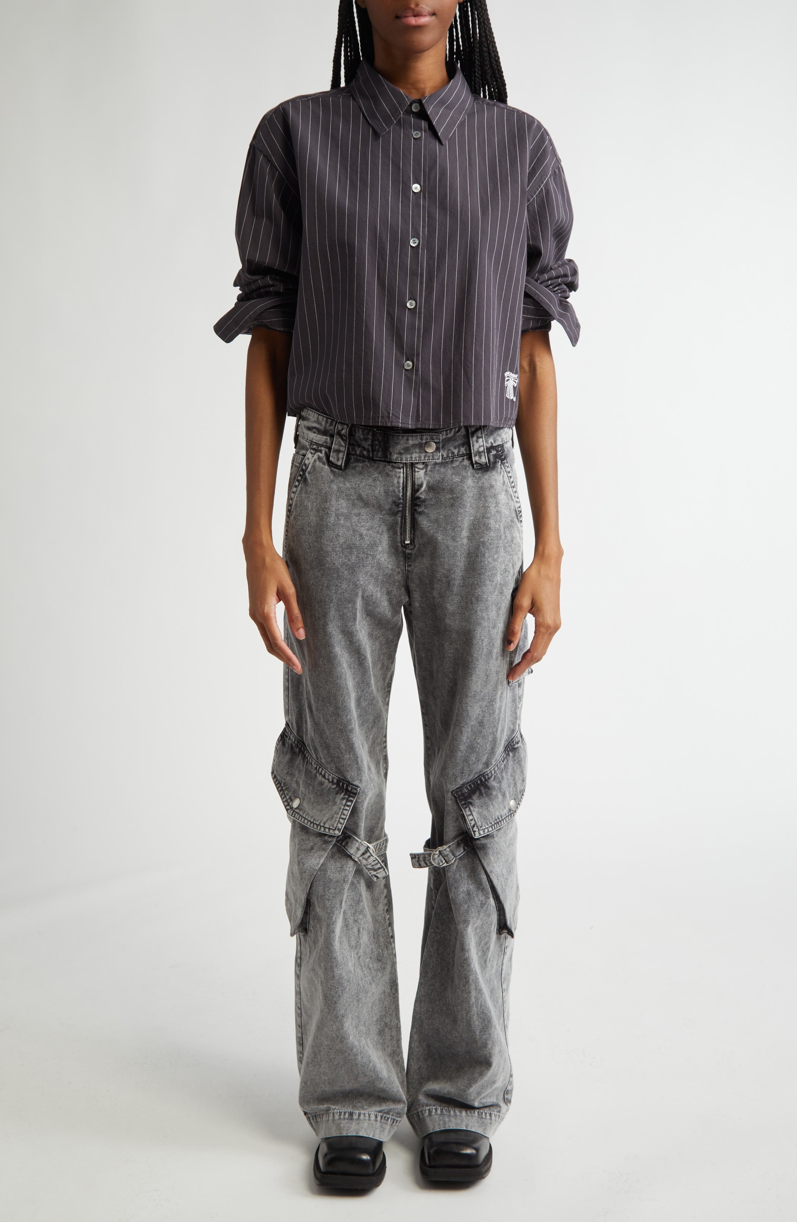 Acne Studios Satai Stripe Crop Organic Cotton Poplin Button-Up Shirt in Black/White J83 at Nordstrom - 2