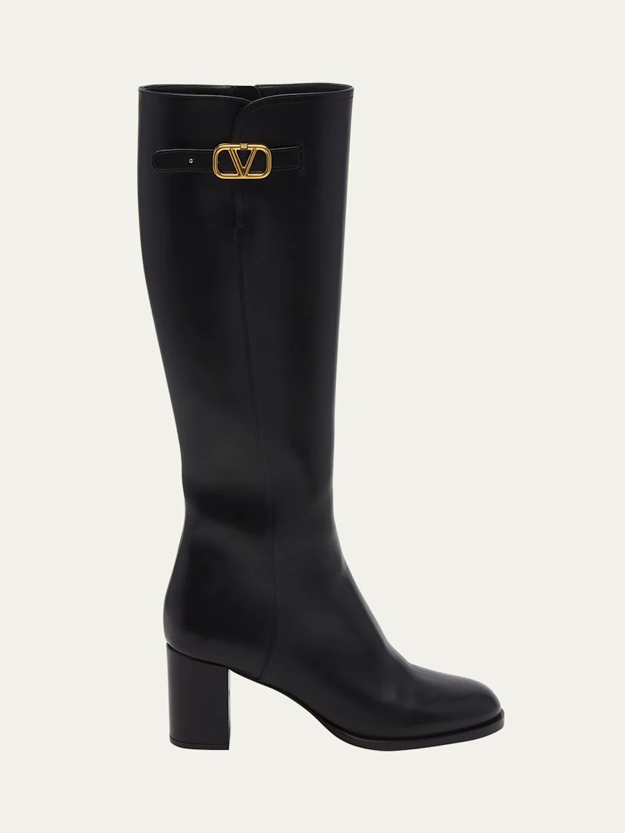 Leather Knee High Boots with V Logo - 1