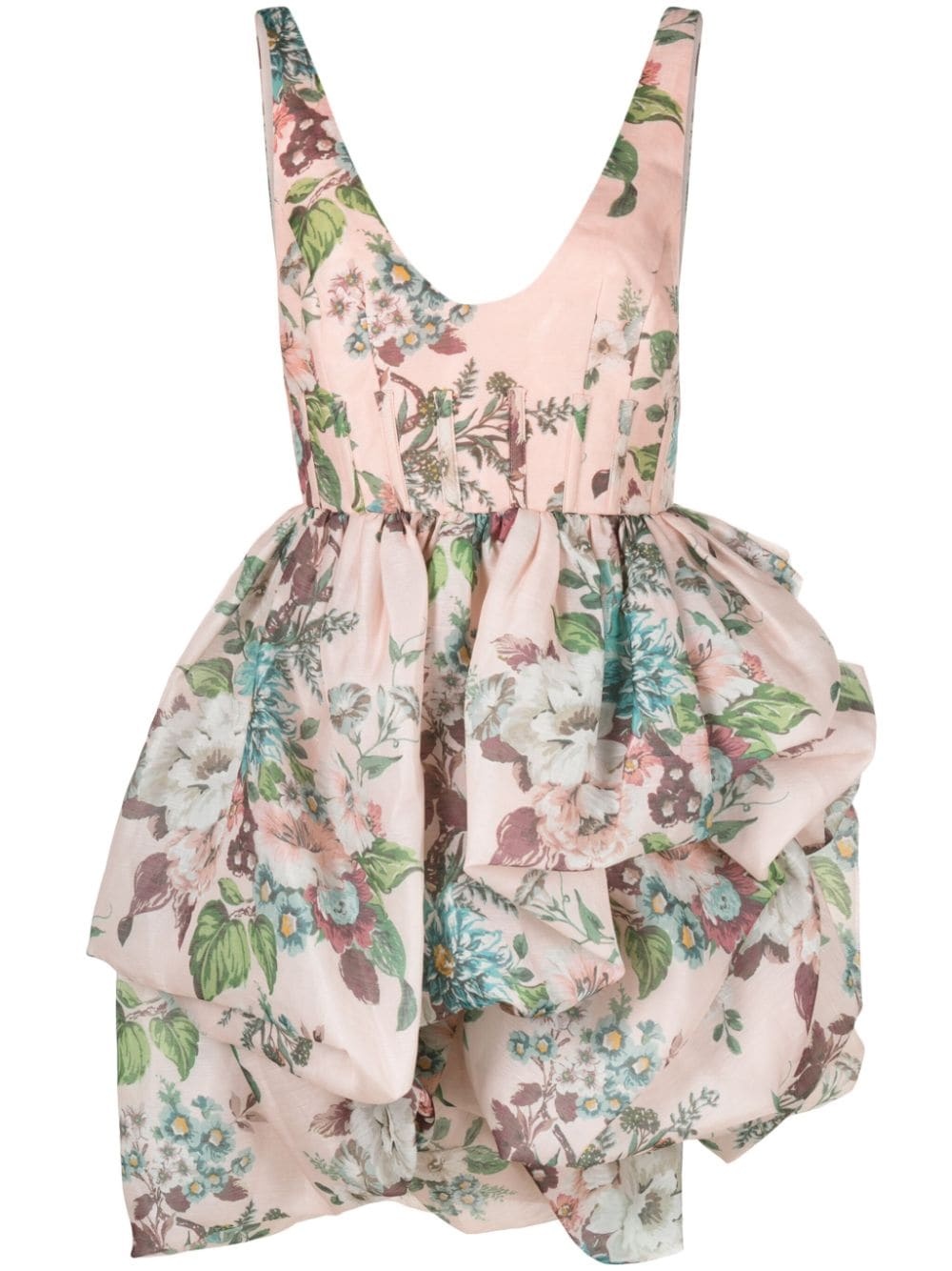 Floral print linen and silk blend draped mini dress - 1