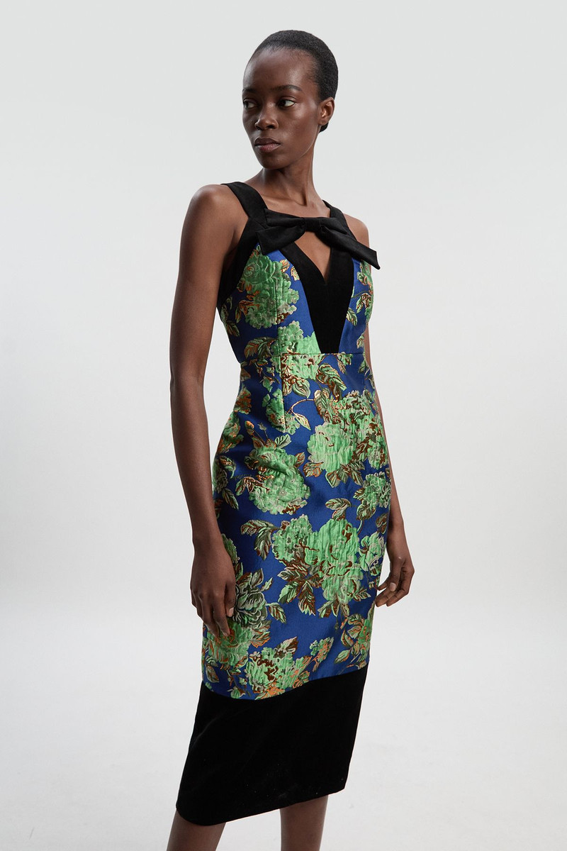 KAREN MILLEN Velvet And Jacquard Contrast Strappy Tailored Midi Dress outlook