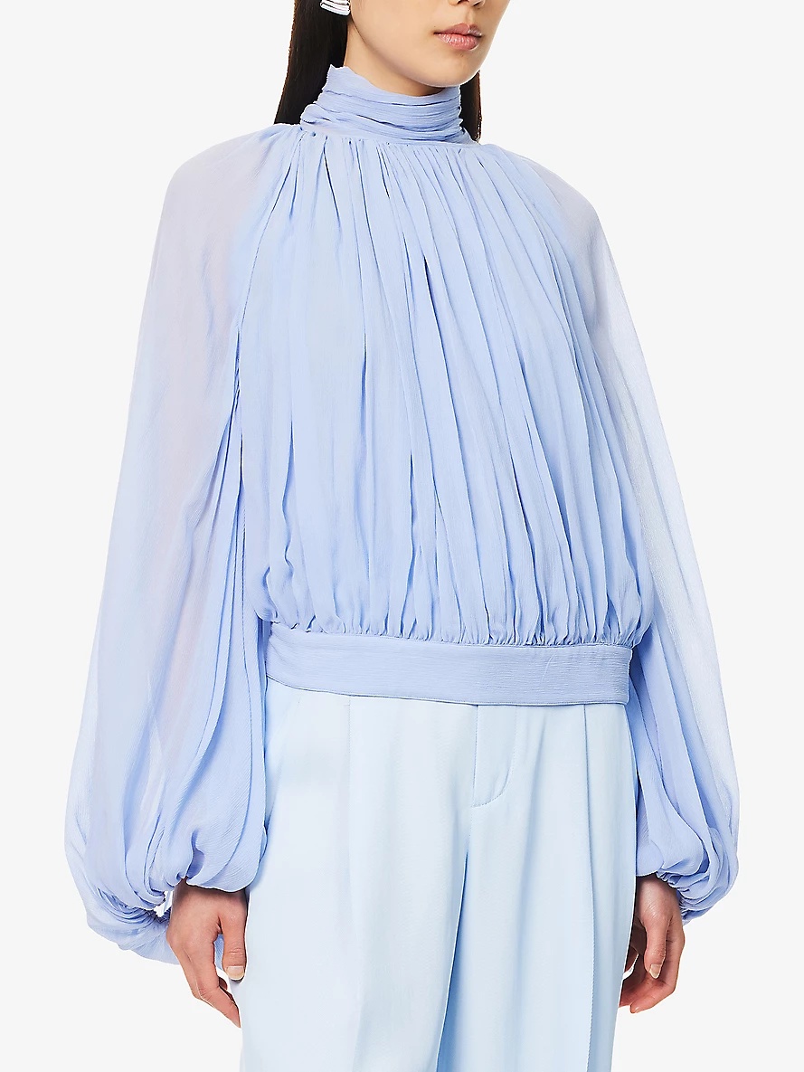 Draped High-Neck Silk-Chiffon Top - 3