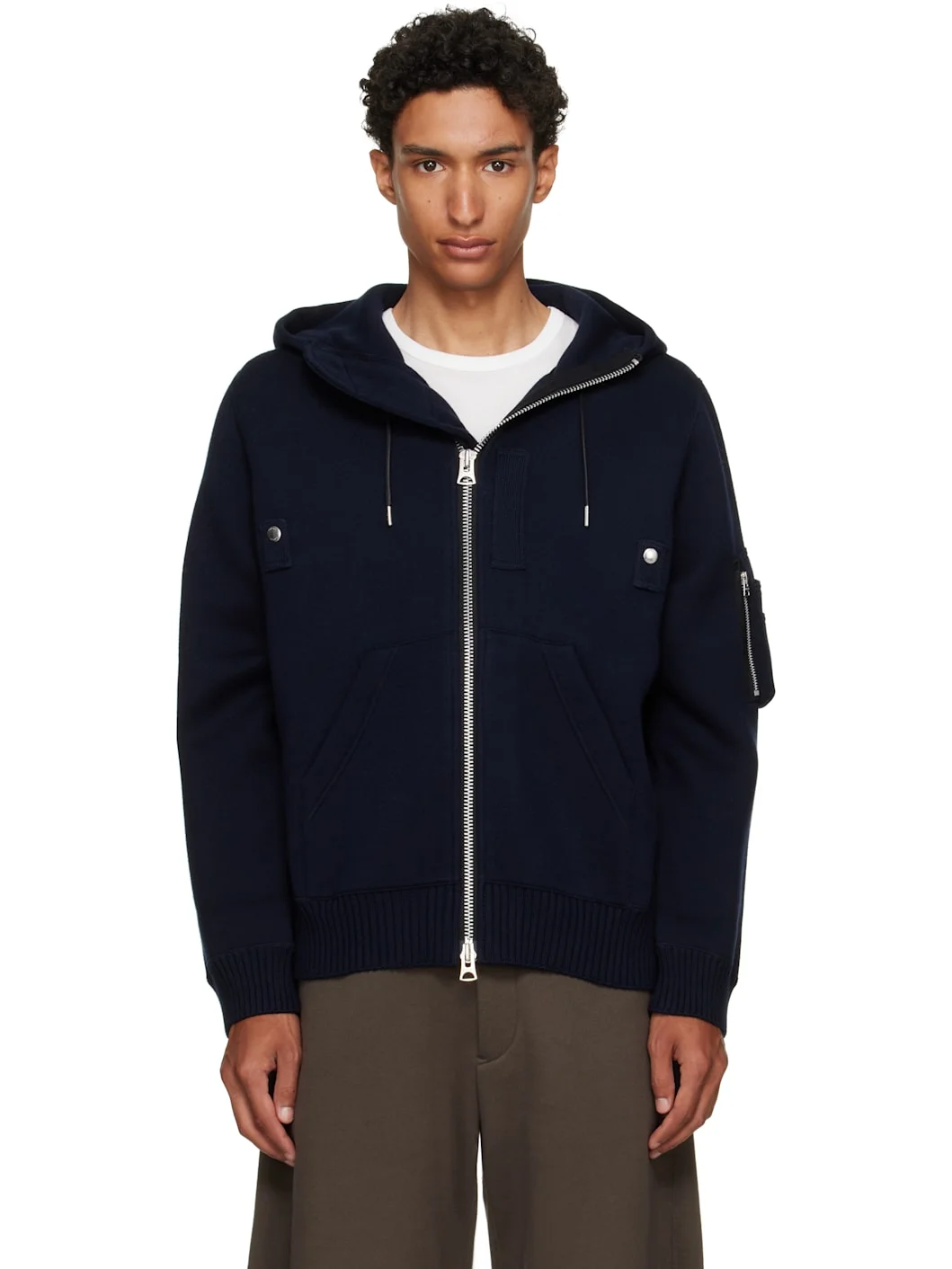 Navy Cotton Cashmere Knit Hoodie - 1