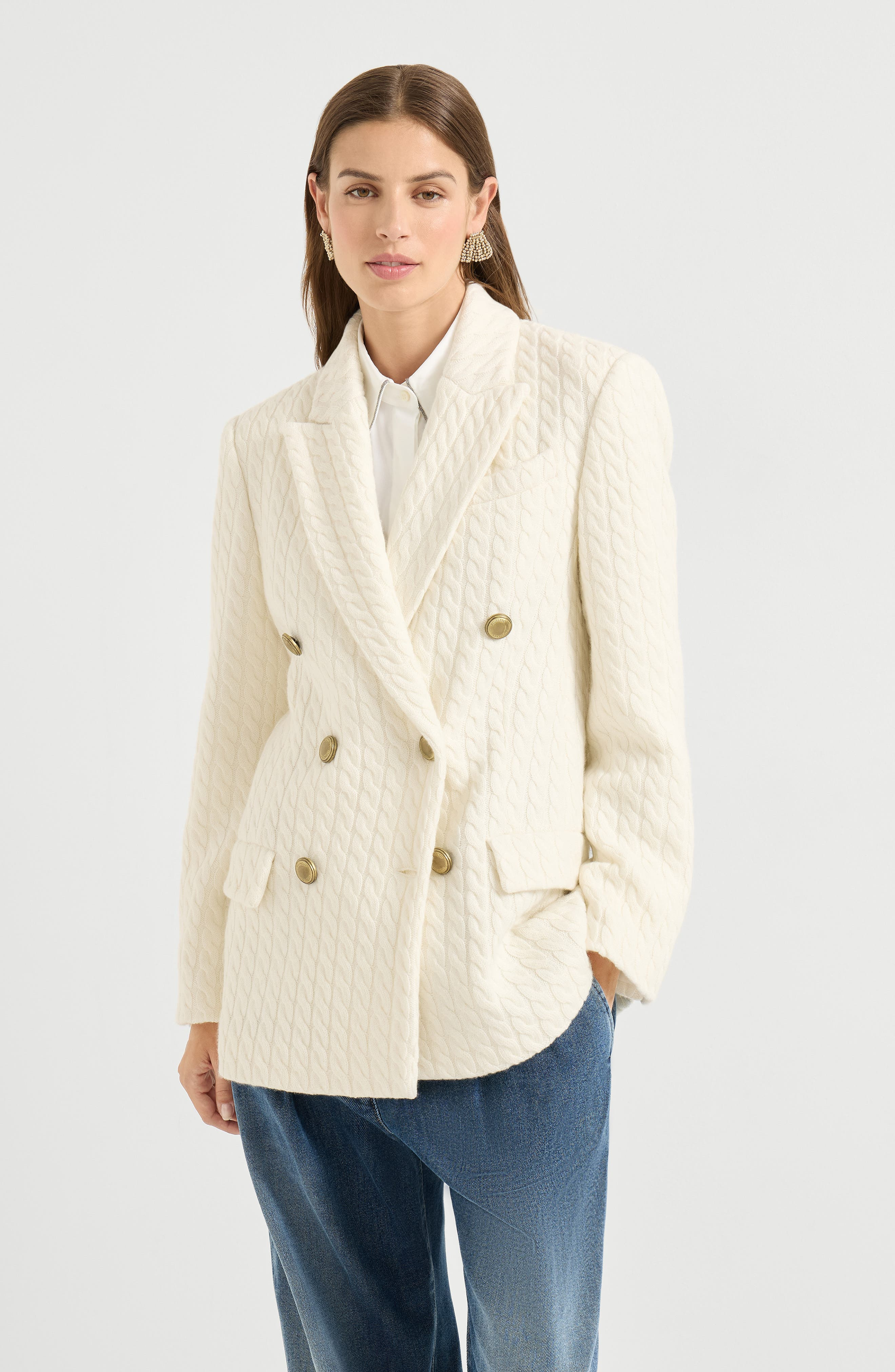 Brunello Cucinelli Cashmere cable knit blazer in White at Nordstrom - 2