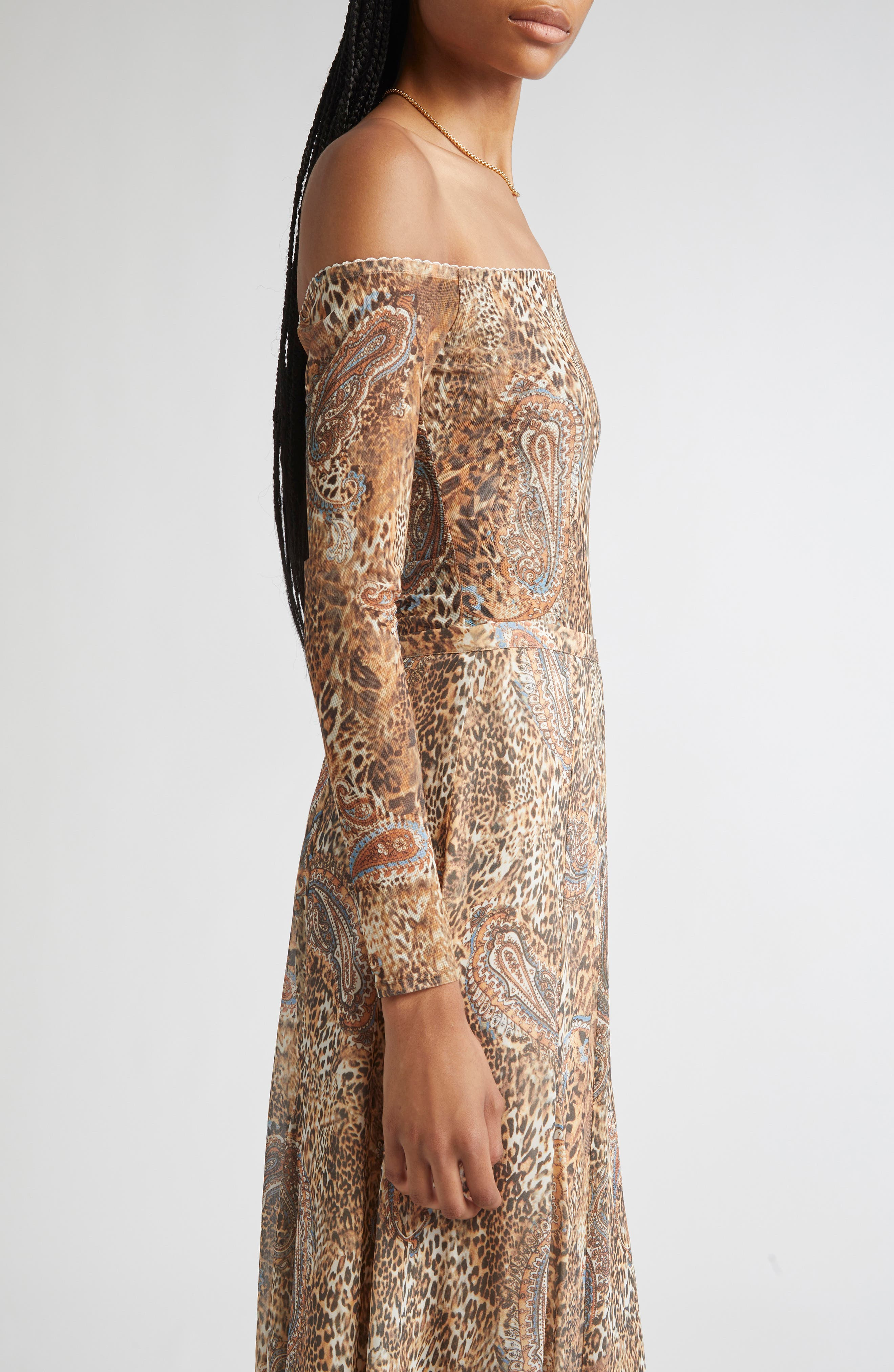 L'AGENCE Peonie Off the Shoulder Bodysuit in Brown/Blue Valencia Leopard at Nordstrom - 4