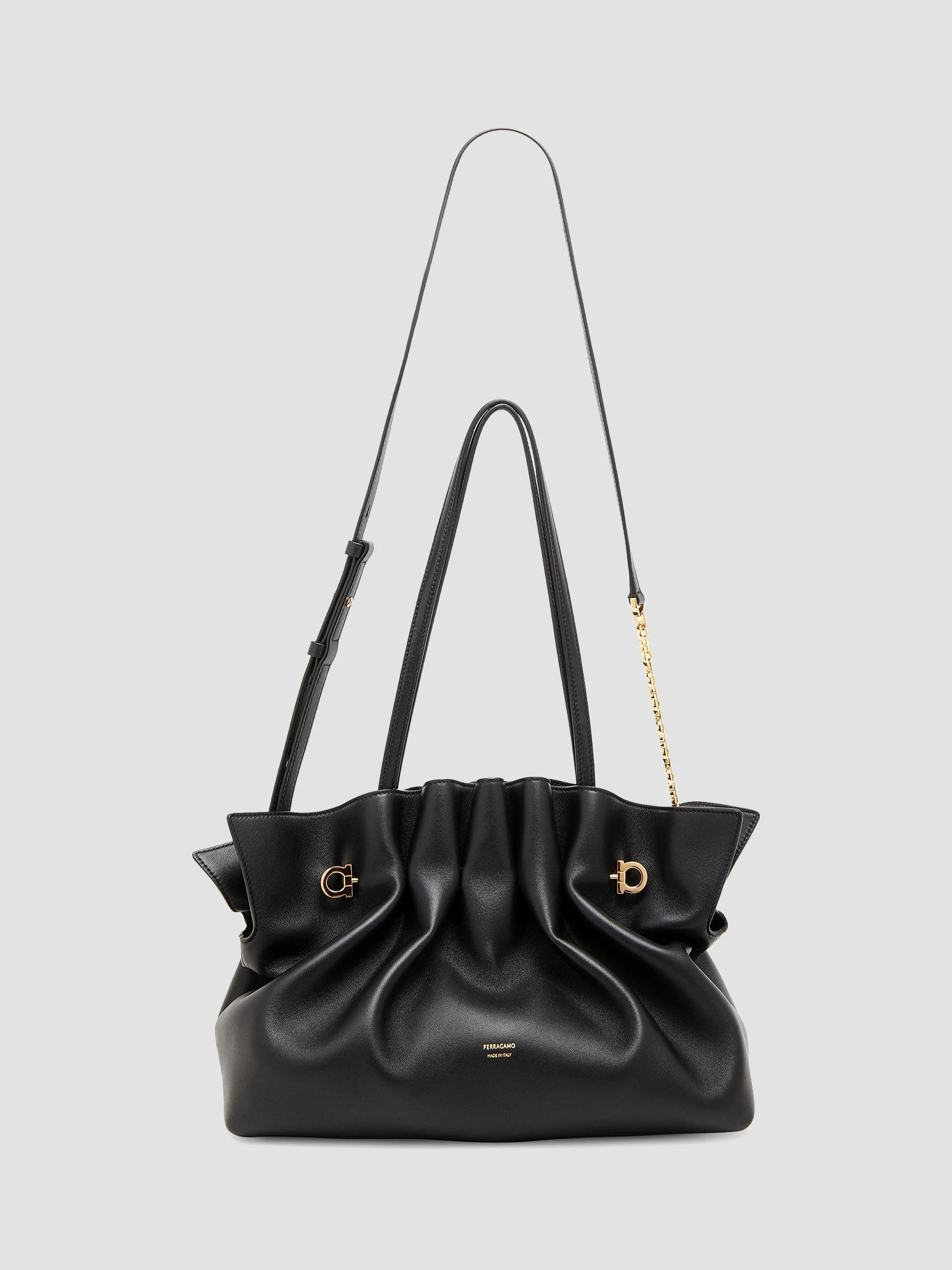 Women's Medium Gancio Piercing Gathered Leather Shoulder Bag - Nero - 1
