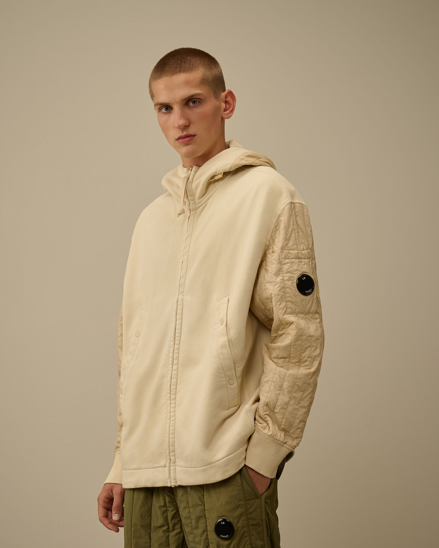 Diagonal Raised Fleece Mixed Full Zip Hooded Sweatshirt - 3