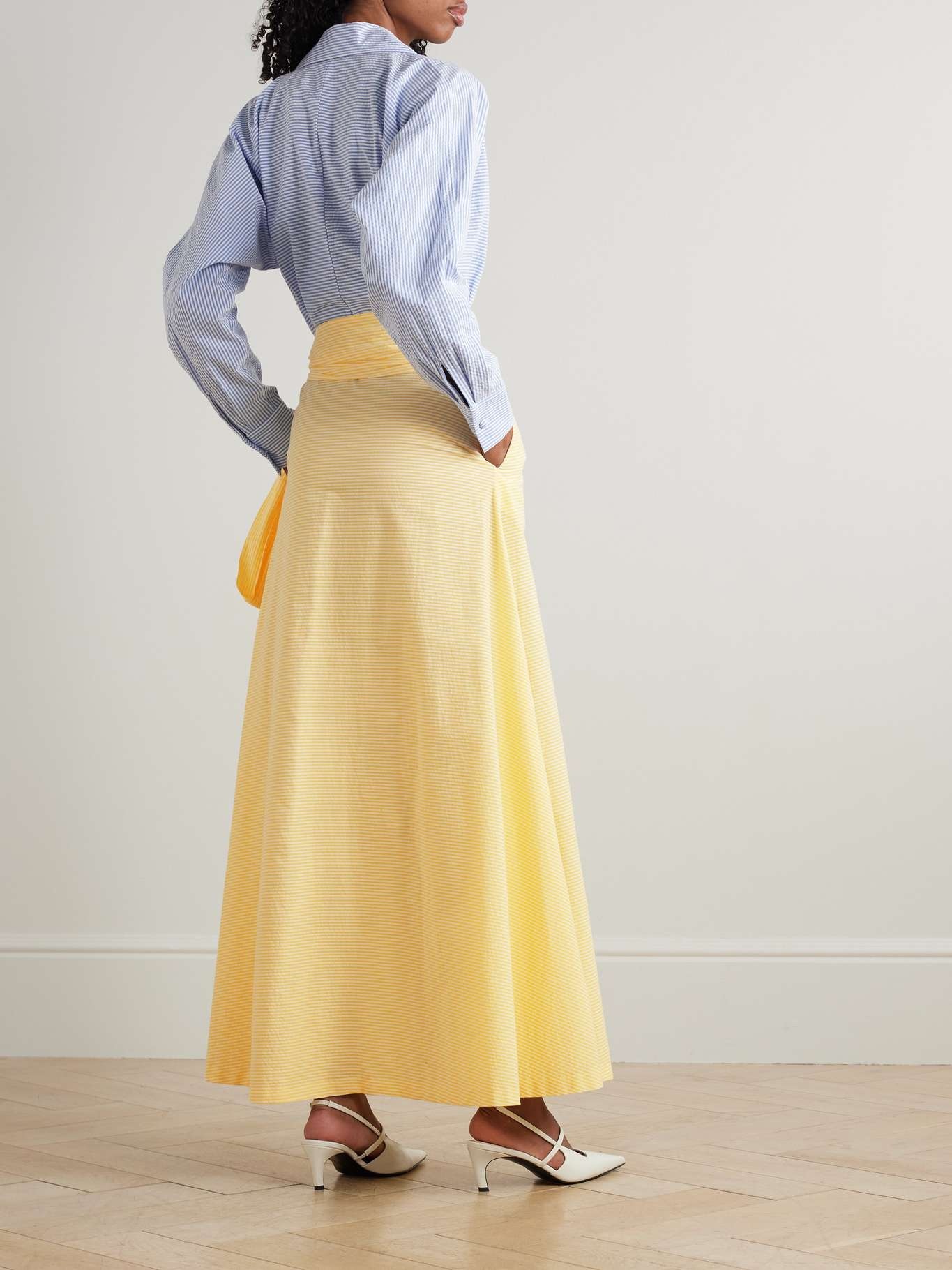 Clarence belted striped cotton-seersucker maxi shirt dress Yellow - 3