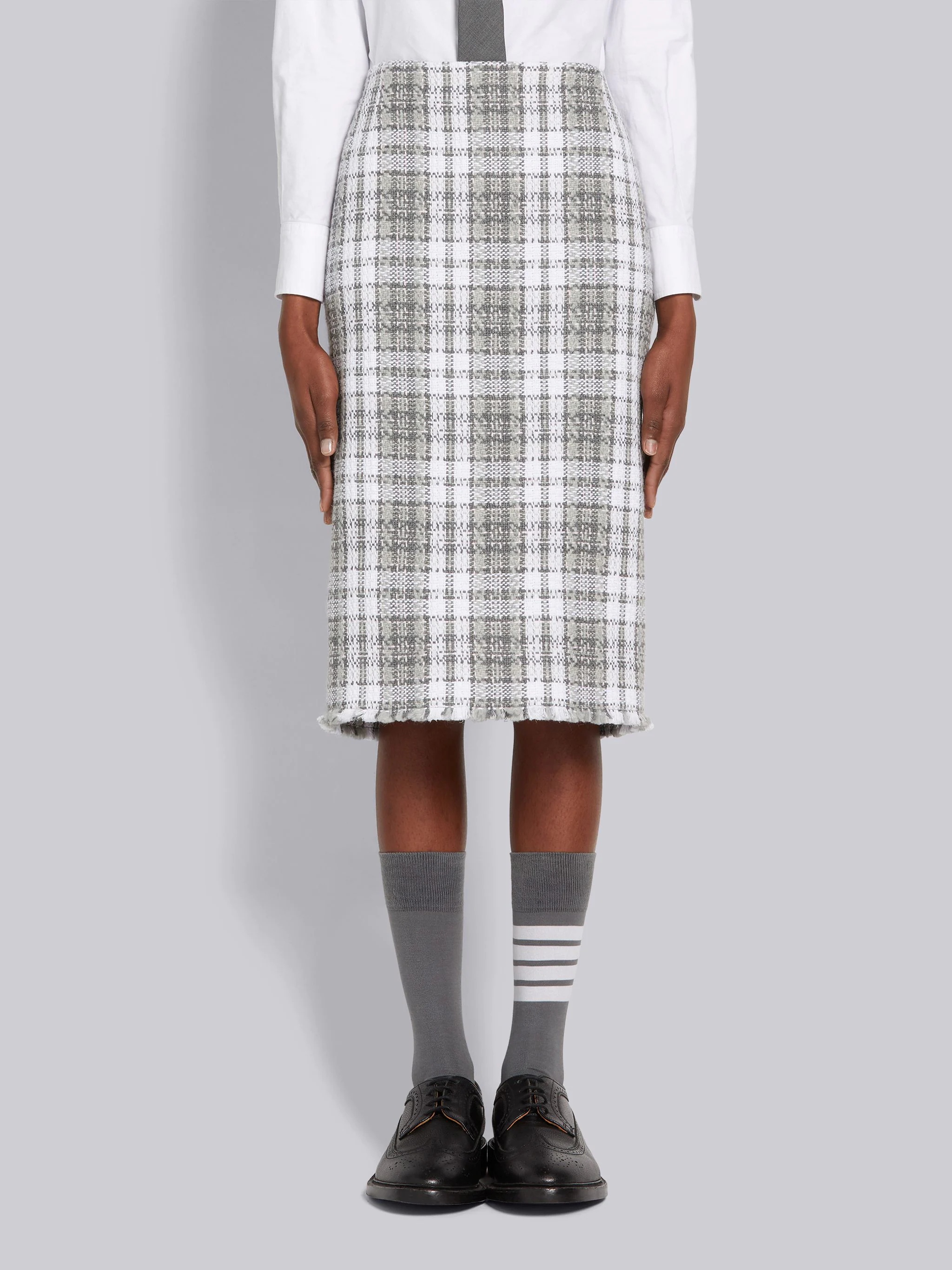 Medium Grey Tartan Check Tweed Frayed Low-rise Pencil Skirt - 1