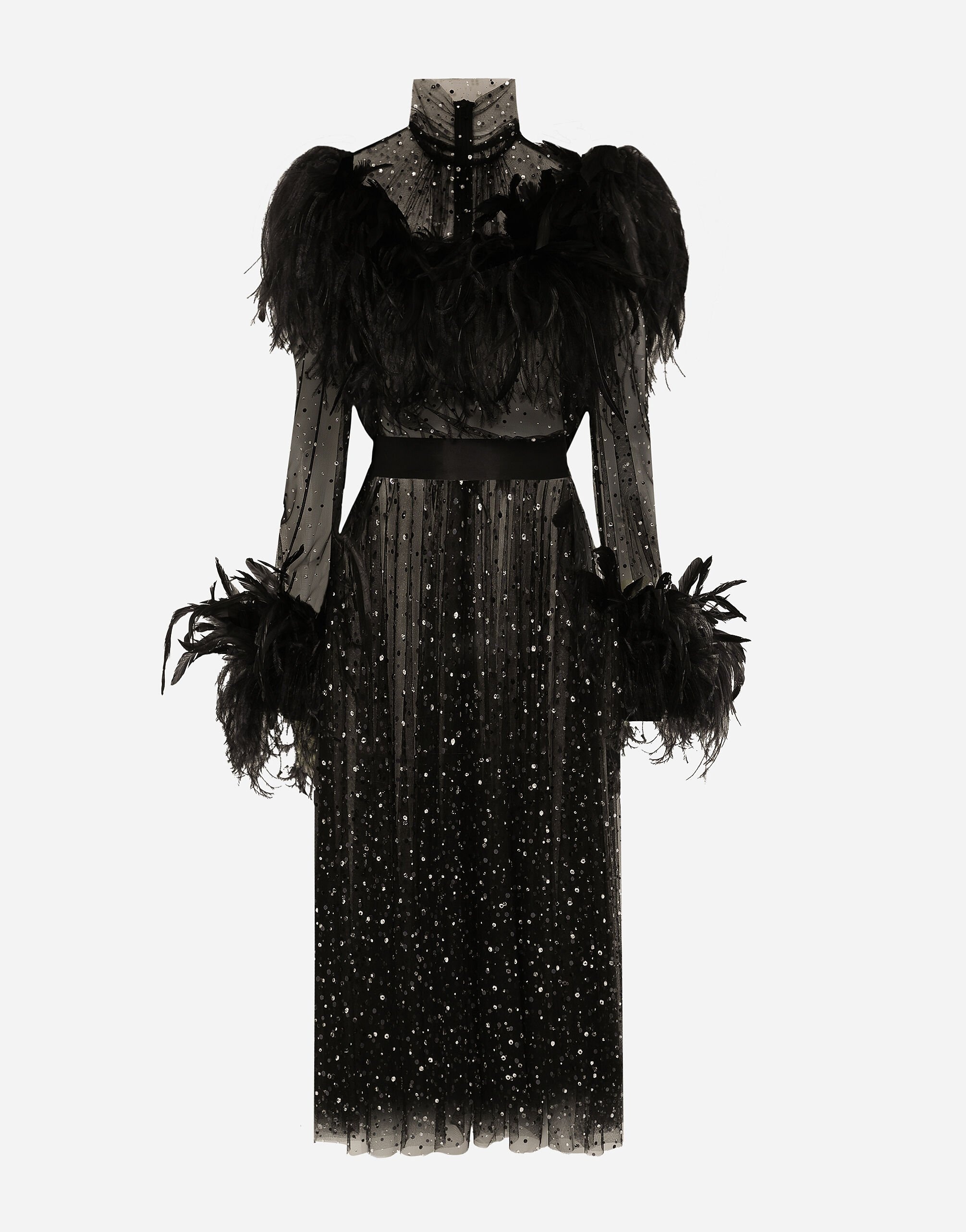 Calf-length stretch tulle dress with fusible rhinestones and rooster and ostrich feather embellishme - 1