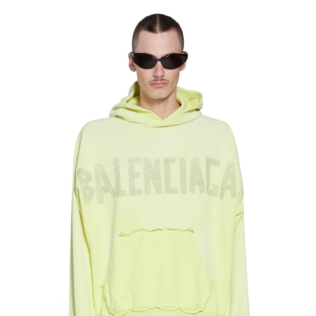 Tape Type Ripped Pocket Hoodie Large Fit in Fluo Yellow - 5