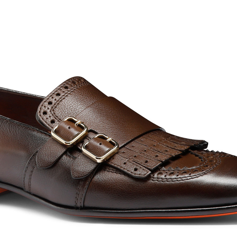 Men’s brown leather double-buckle loafer with fringe 6