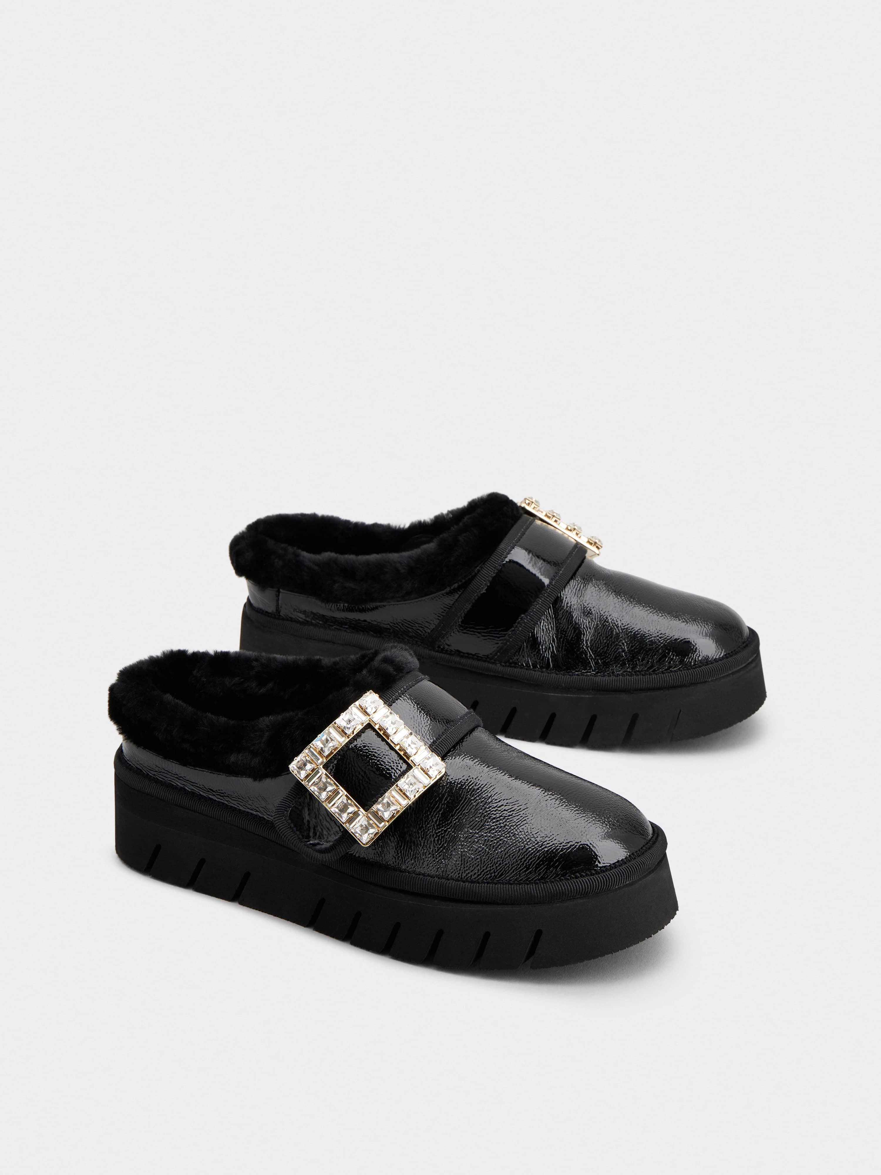 Viv' Winter Fur Strass Buckle Slippers in Patent Leather - 2