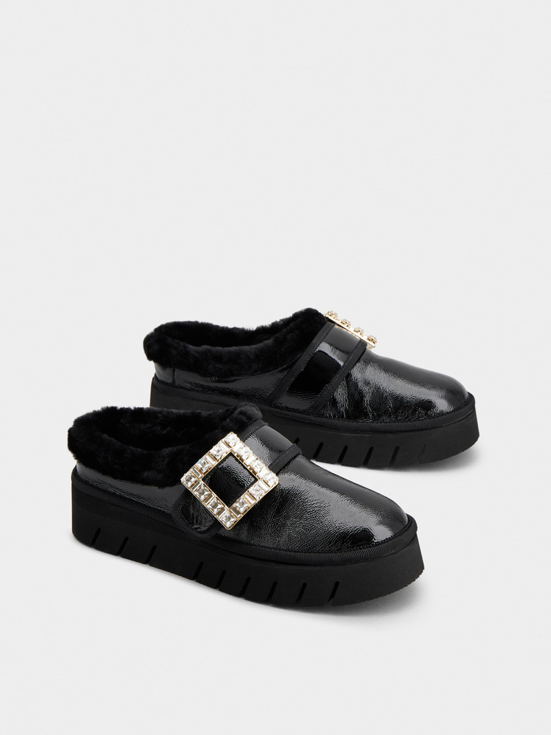 Roger Vivier Viv' Winter Fur Strass Buckle Slippers in Patent Leather outlook