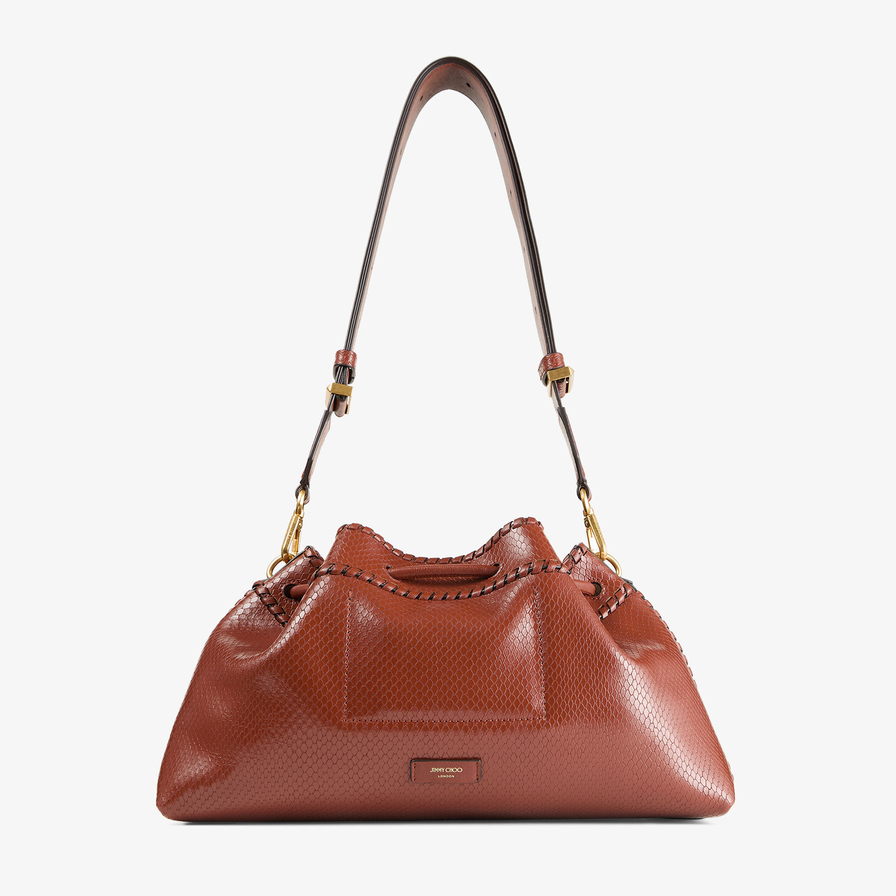 Cinch M
Cognac Elaphe Printed Leather Bucket Bag with Biker Leather Whipstitching - 6