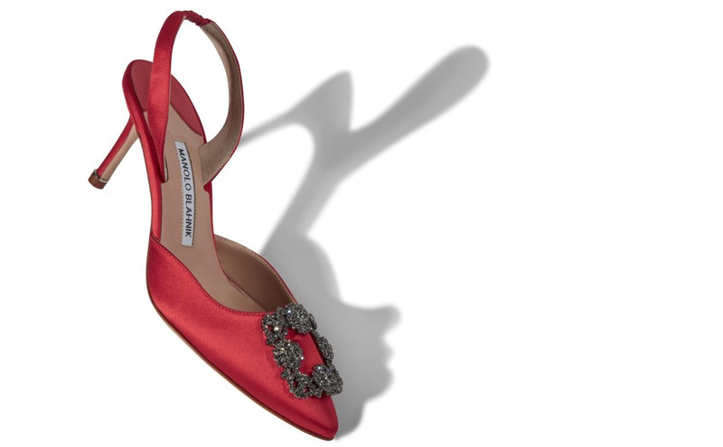 Manolo Blahnik Red Satin Jewel Buckle Slingback Pumps outlook
