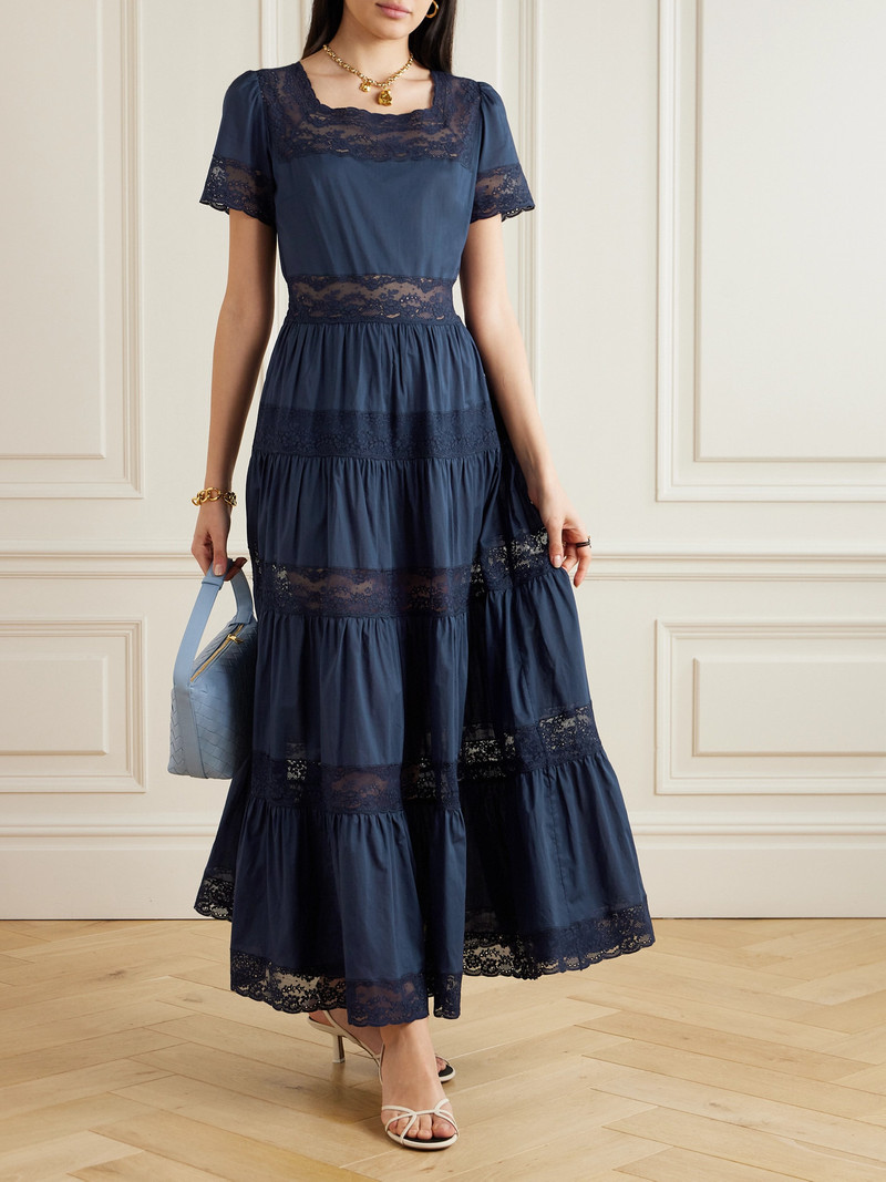 LORETTA CAPONI Tiered Lace-trimmed Cotton-poplin Midi Dress outlook
