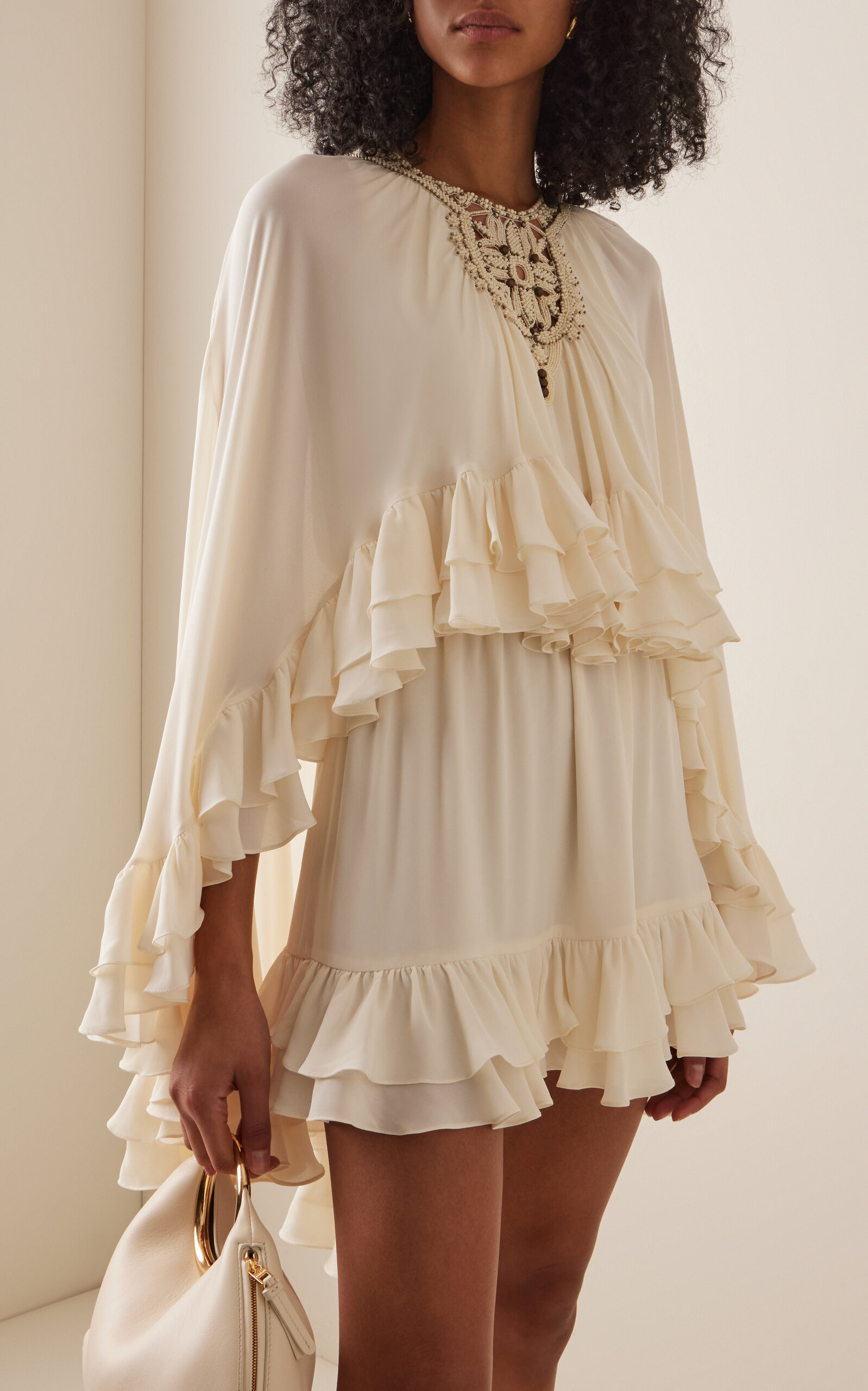 Taessa Ruffled Crepe Mini Cape Dress ivory - 3