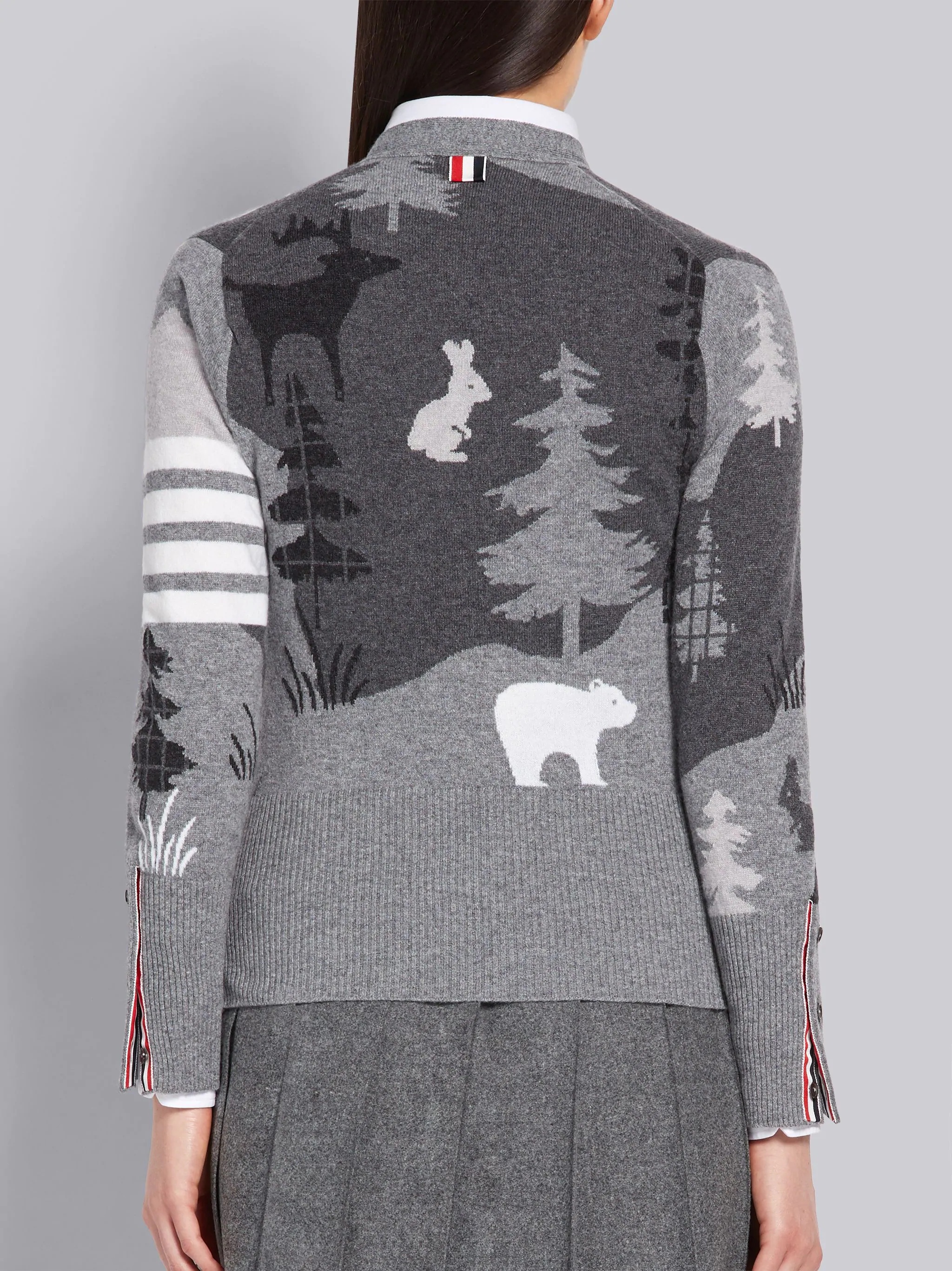 Medium Grey Cashmere Forest Scenery Intarsia 4-Bar V-neck Cardigan - 3