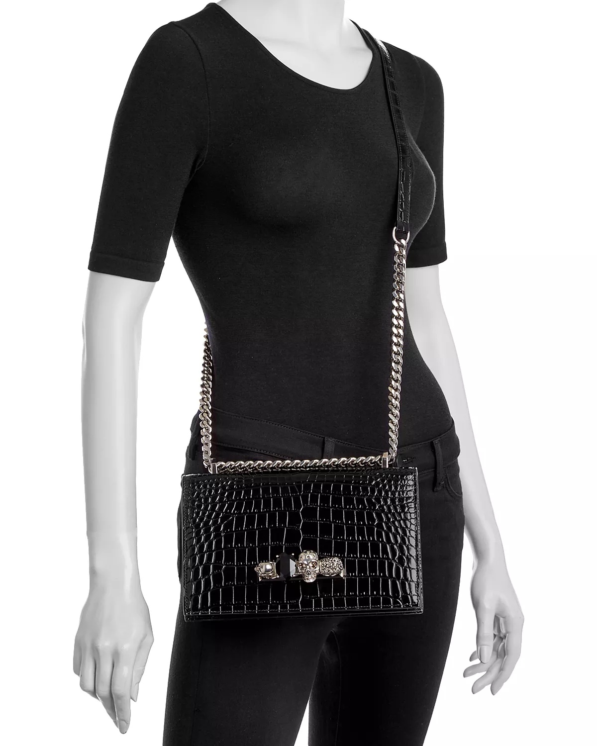 Jewelled Croc Embossed Leather Shoulder Bag - 2