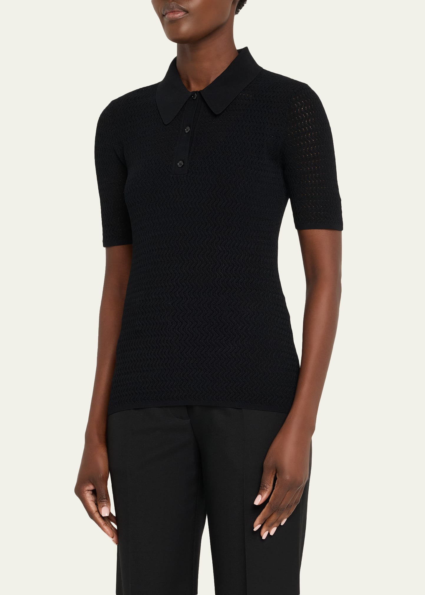 Pointelle Chevron Knit Polo Top - 4