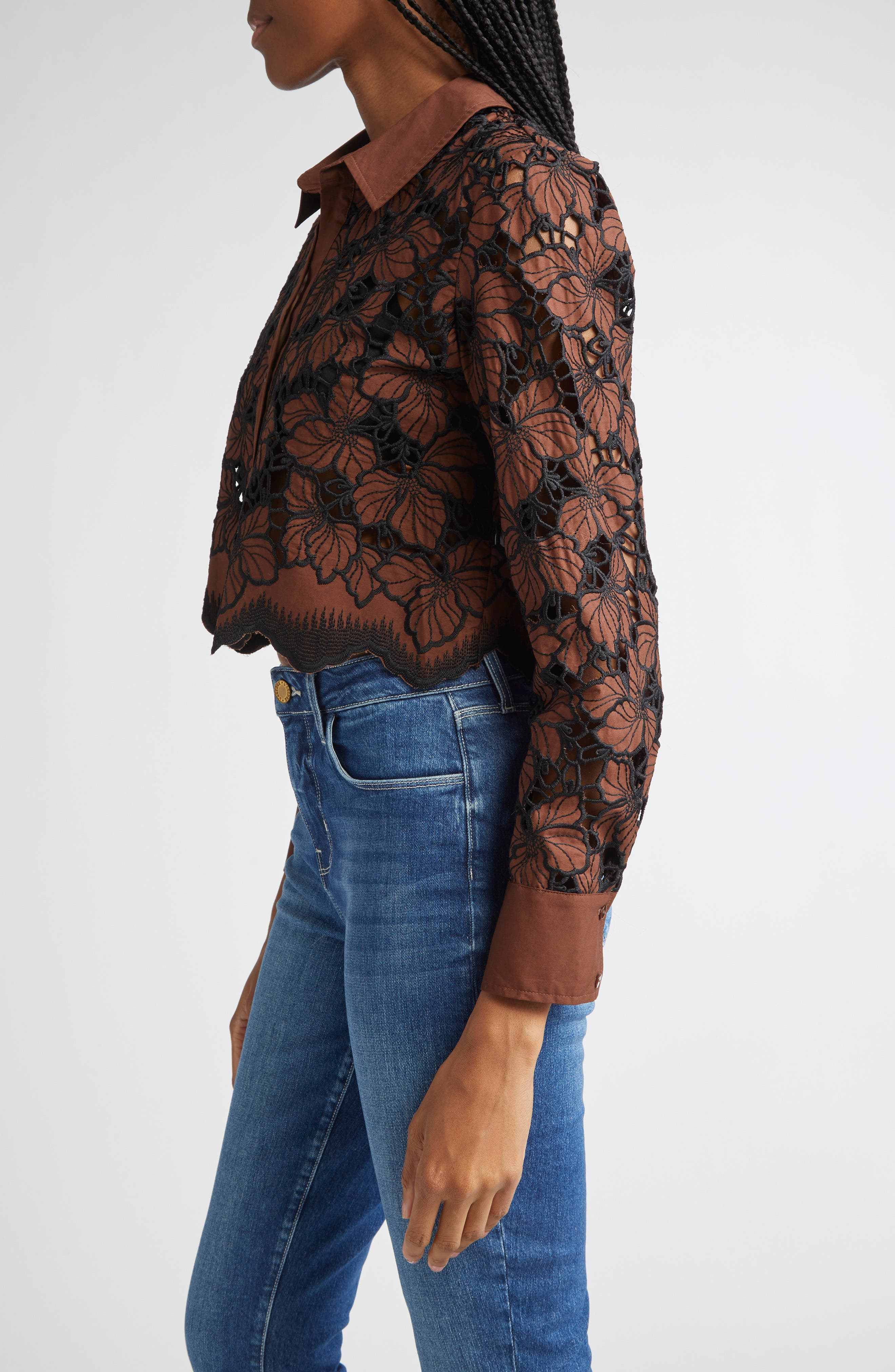 L'AGENCE Seychelle Cutwork Crop Shirt in Hot Fudge/black at Nordstrom - 4