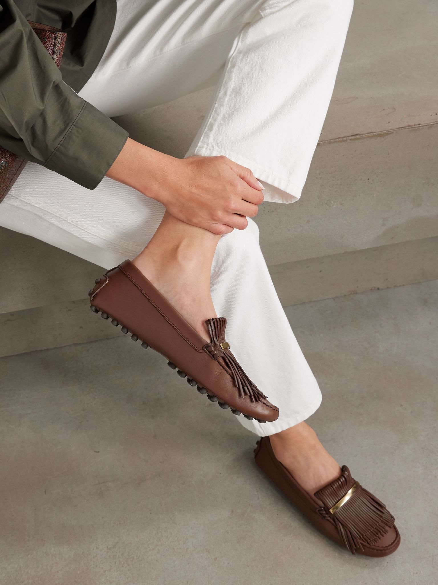 Gommino embellished fringed leather loafers Brown - 2