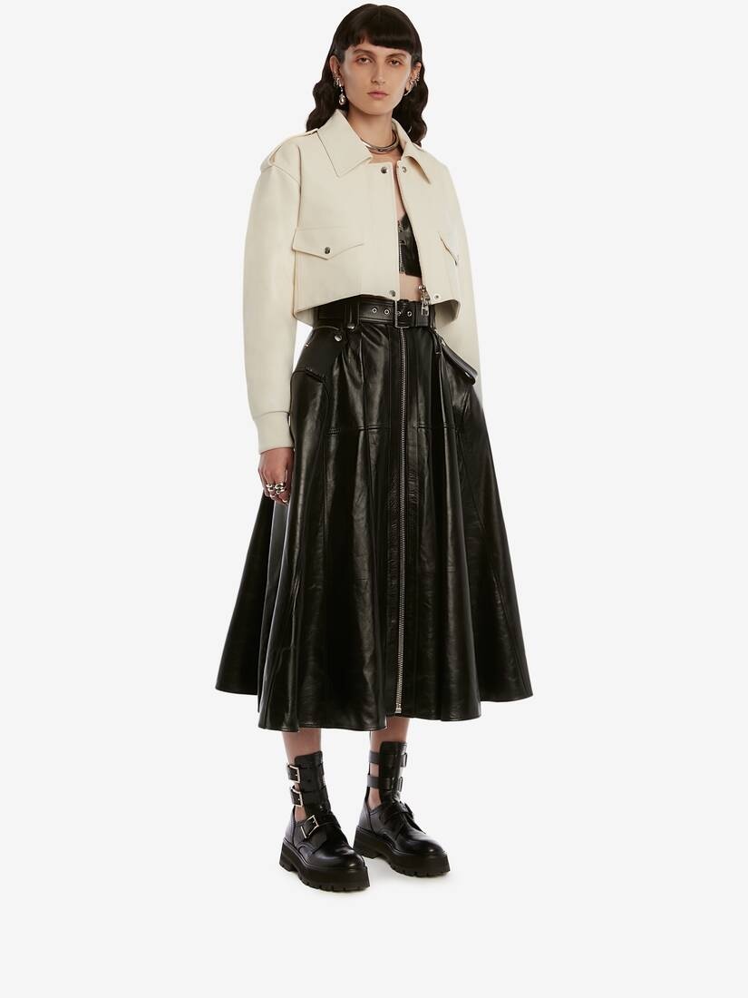 Zip Leather Midi Skirt in Black - 3