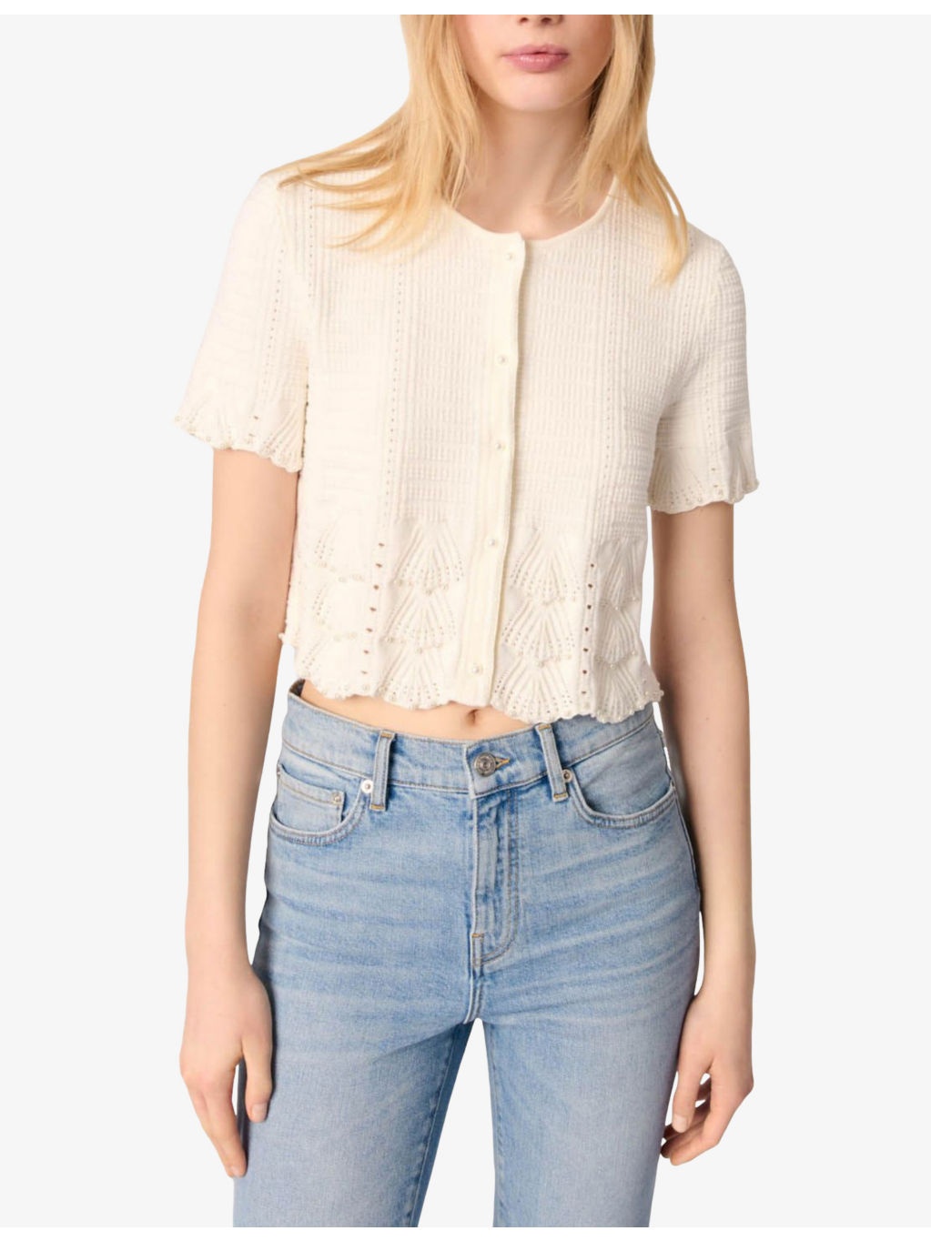 Round-Neck Short-Sleeve Embroidered Stretch-Knit Cardigan - 3