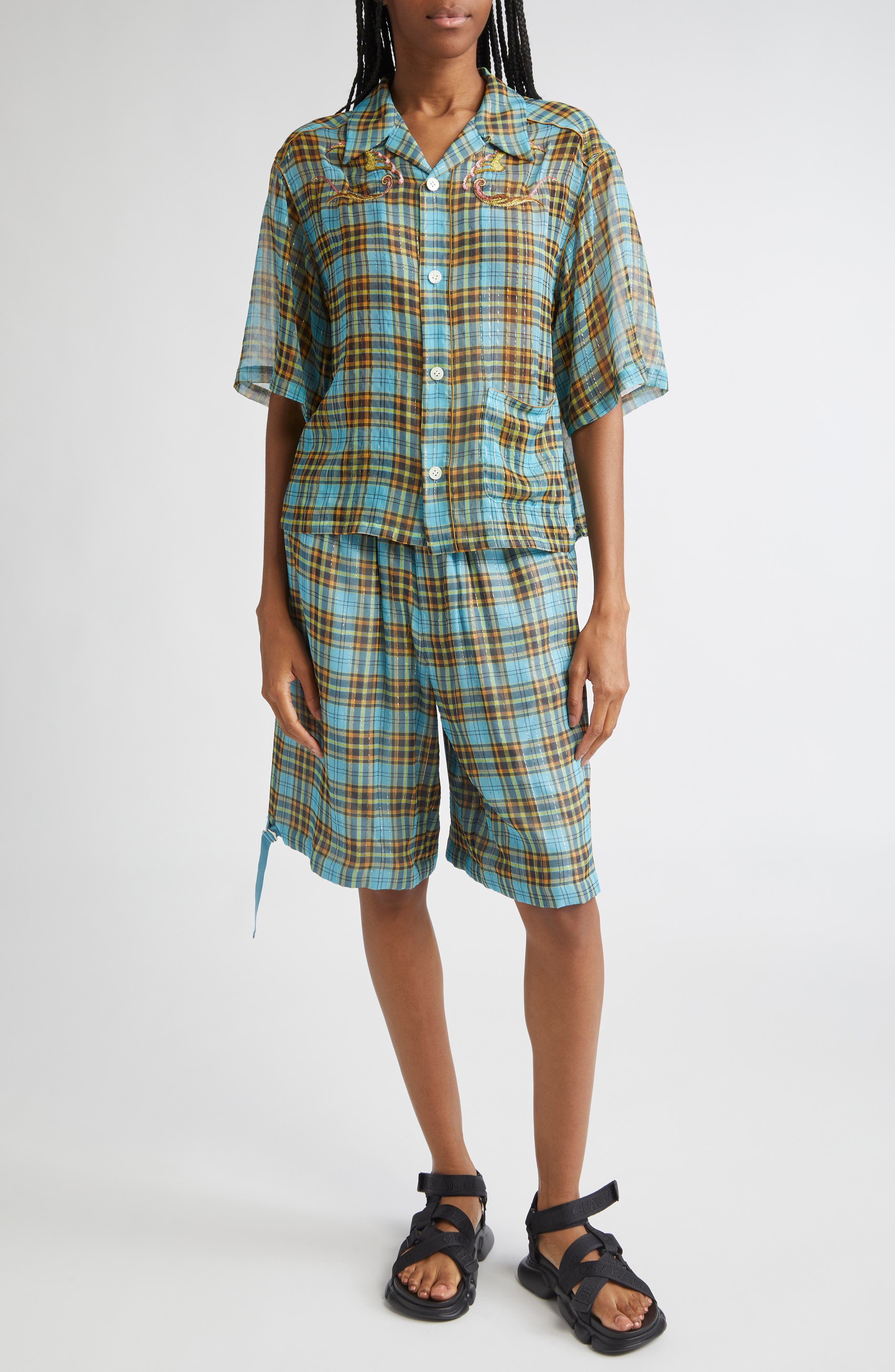 Undercover Metallic Stripe Plaid Silk Blend Camp Shirt in Blue Check at Nordstrom - 2