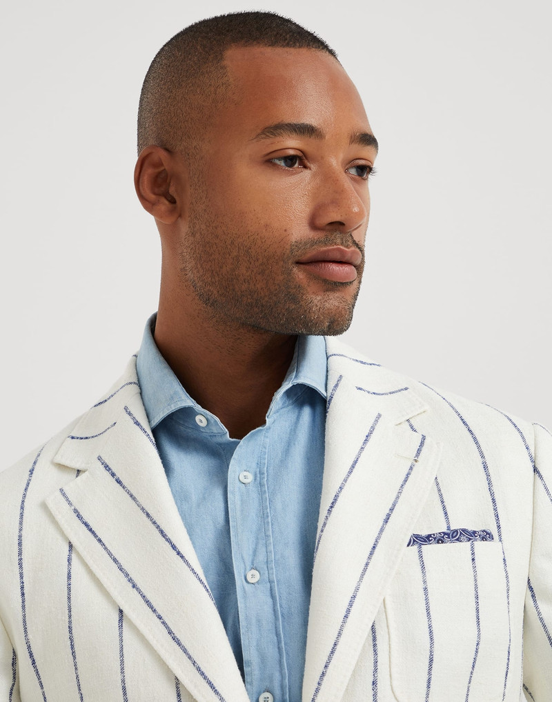 Linen, wool and silk chalk stripe deconstructed blazer with patch pockets 3