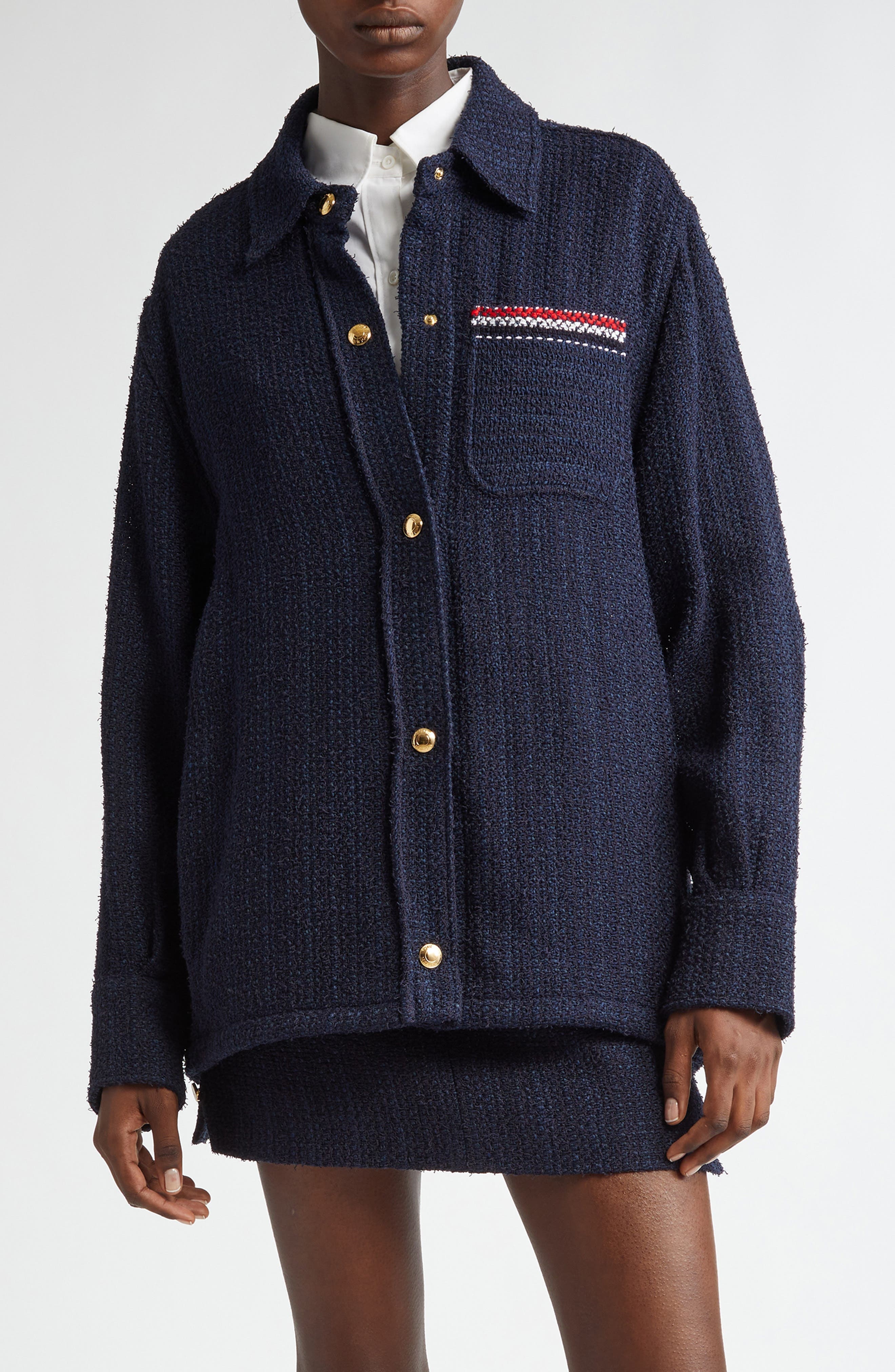Thom Browne Tweed Shirt Jacket in Navy at Nordstrom - 1