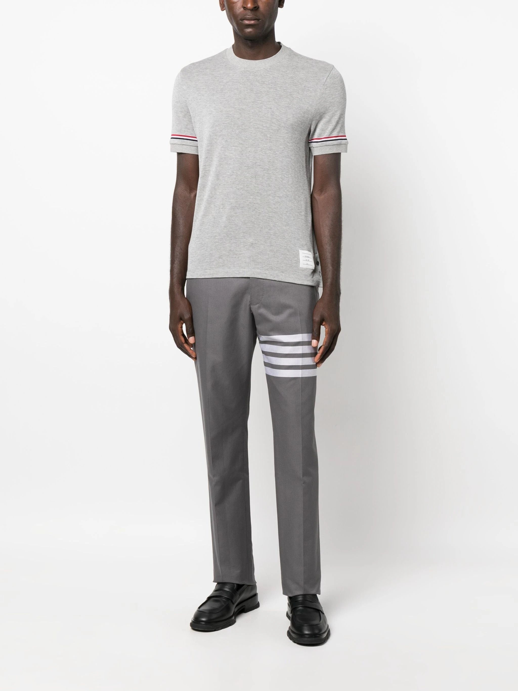 THOM BROWNE Men Short Sleeve Rib Cuff Tee In Light Weight Cotton Knit W/ RWB Stripe - 5