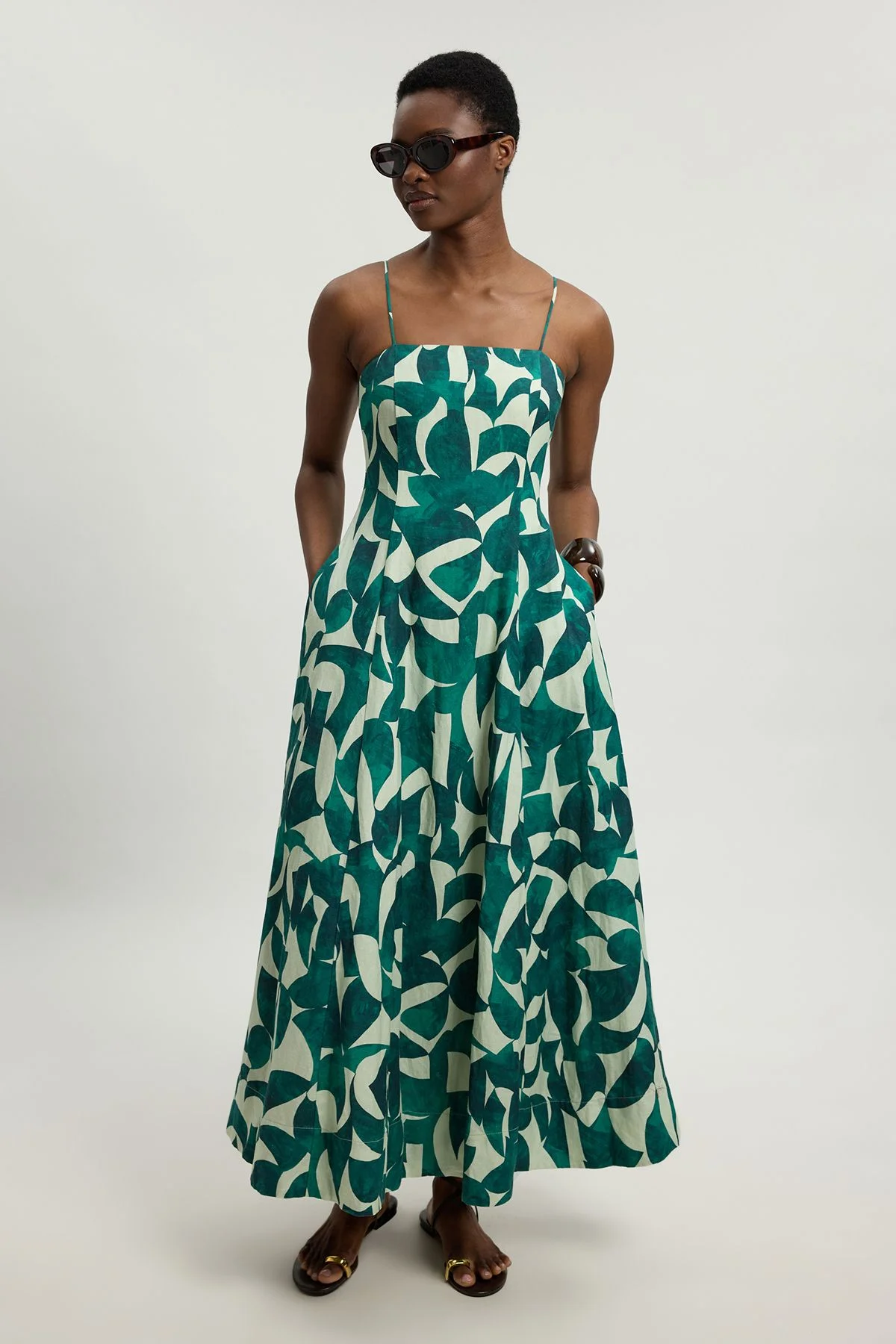 petite linen geo print woven maxi prom dress - 1