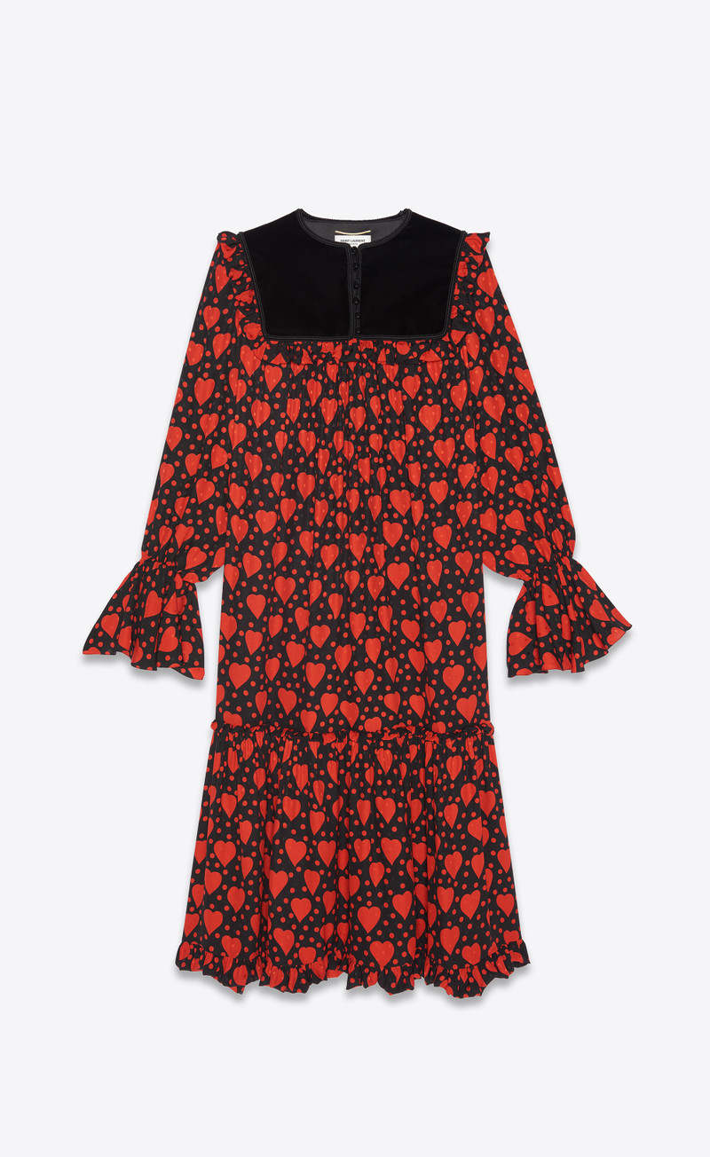 long dress in matte and shiny heart and dot-print silk 1