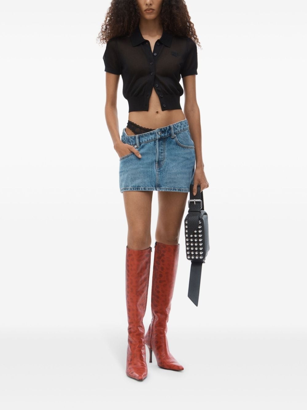 asymmetric lace-detail denim skirt - 2