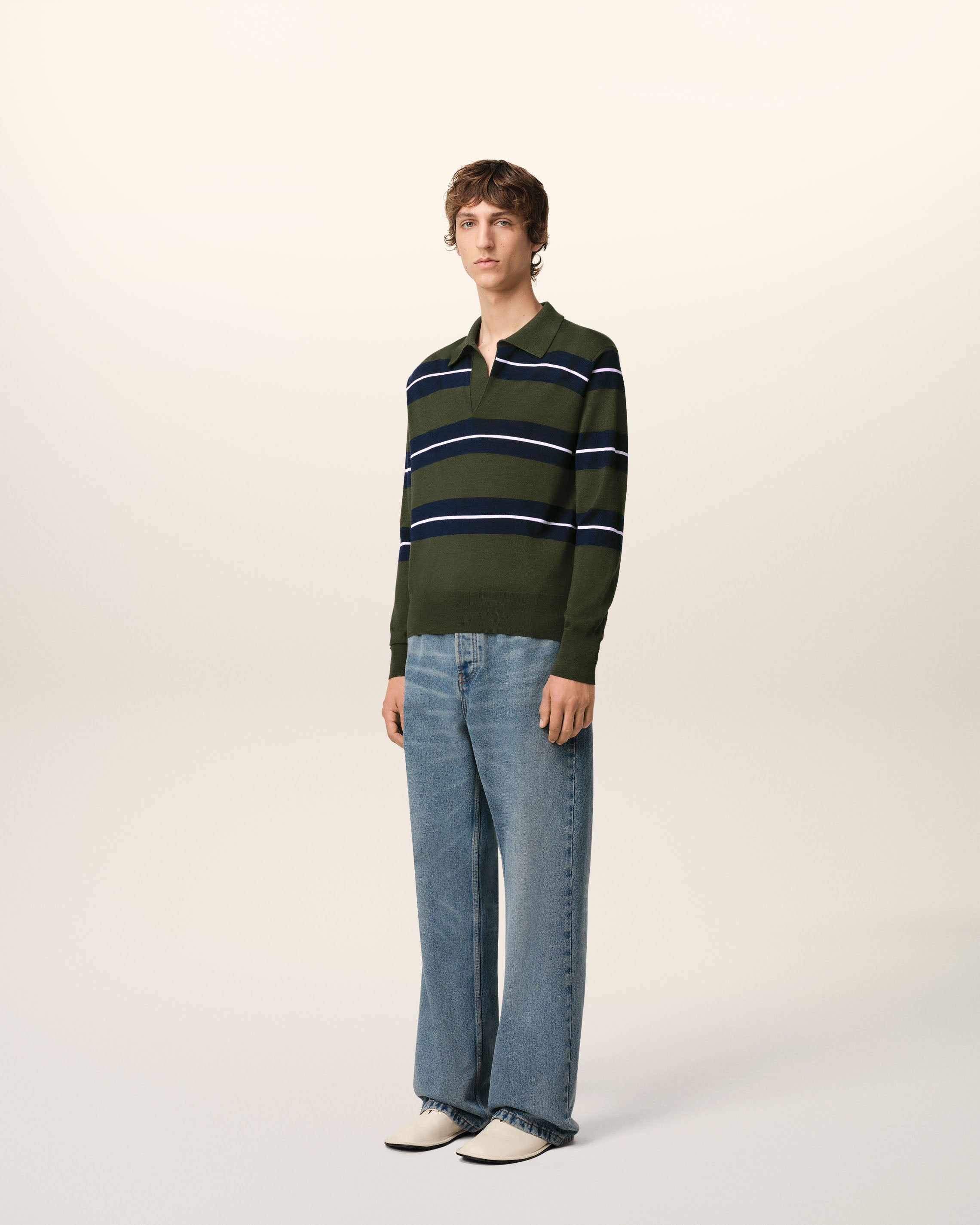 GREEN WOOL SILK TONAL STRIPED POLO - 6