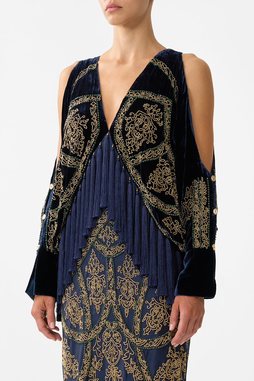 PLUNGE NECK DRAPED SHOULDER DRESS - 5