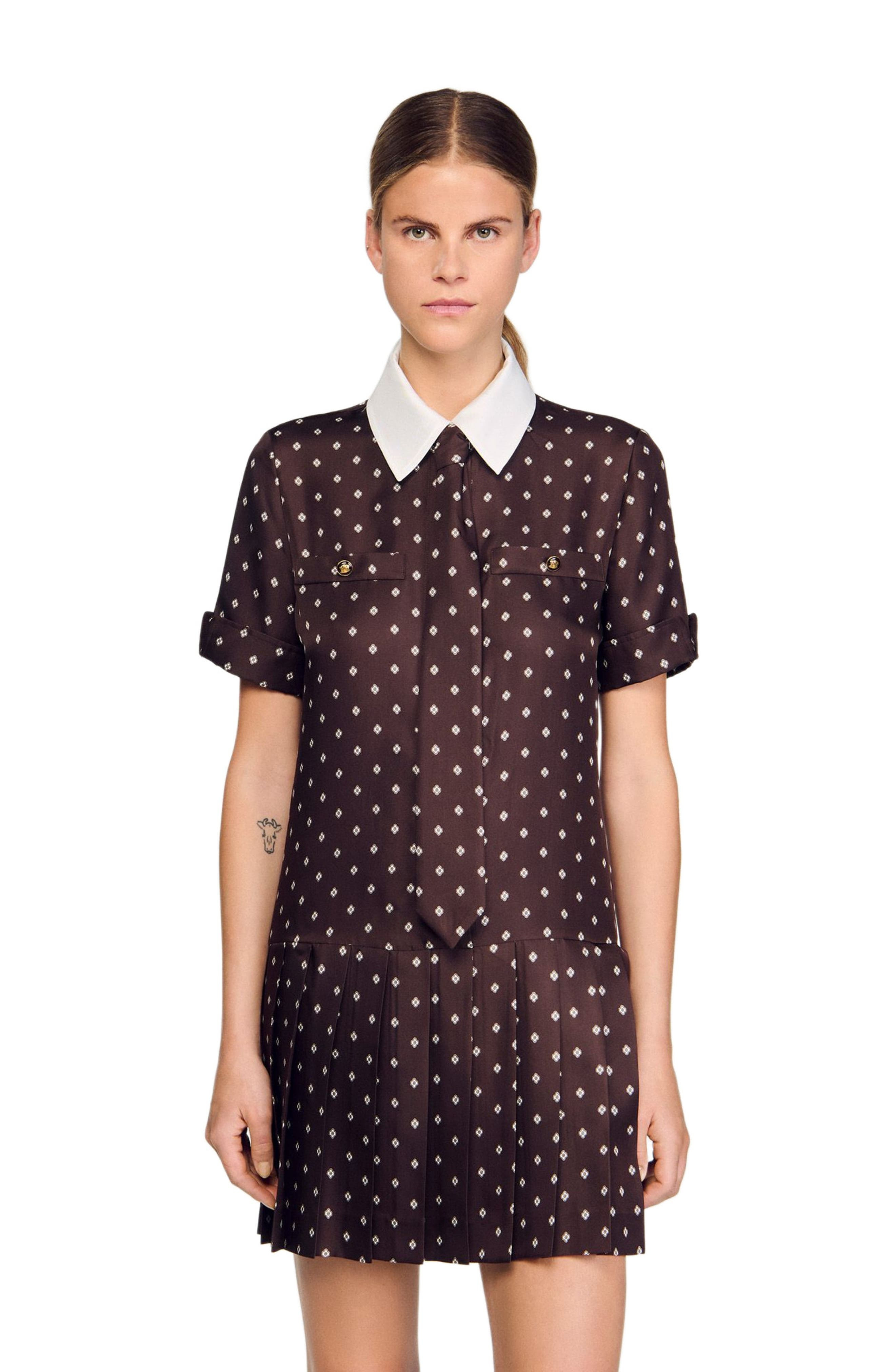 SANDRO Printed satin-effect short dress in Brown /White at Nordstrom - 4