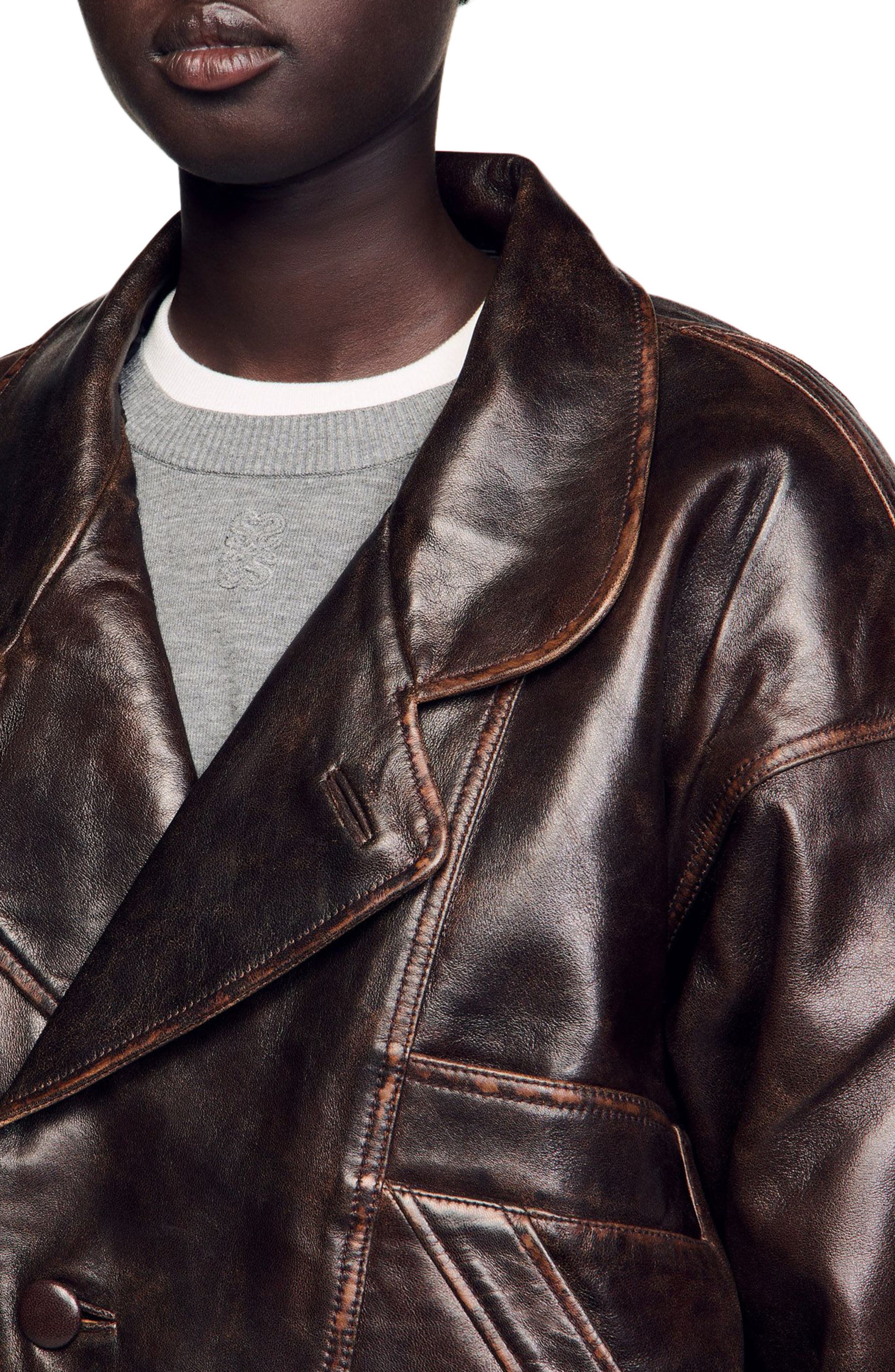 SANDRO Oversized leather jacket in Brown at Nordstrom - 3
